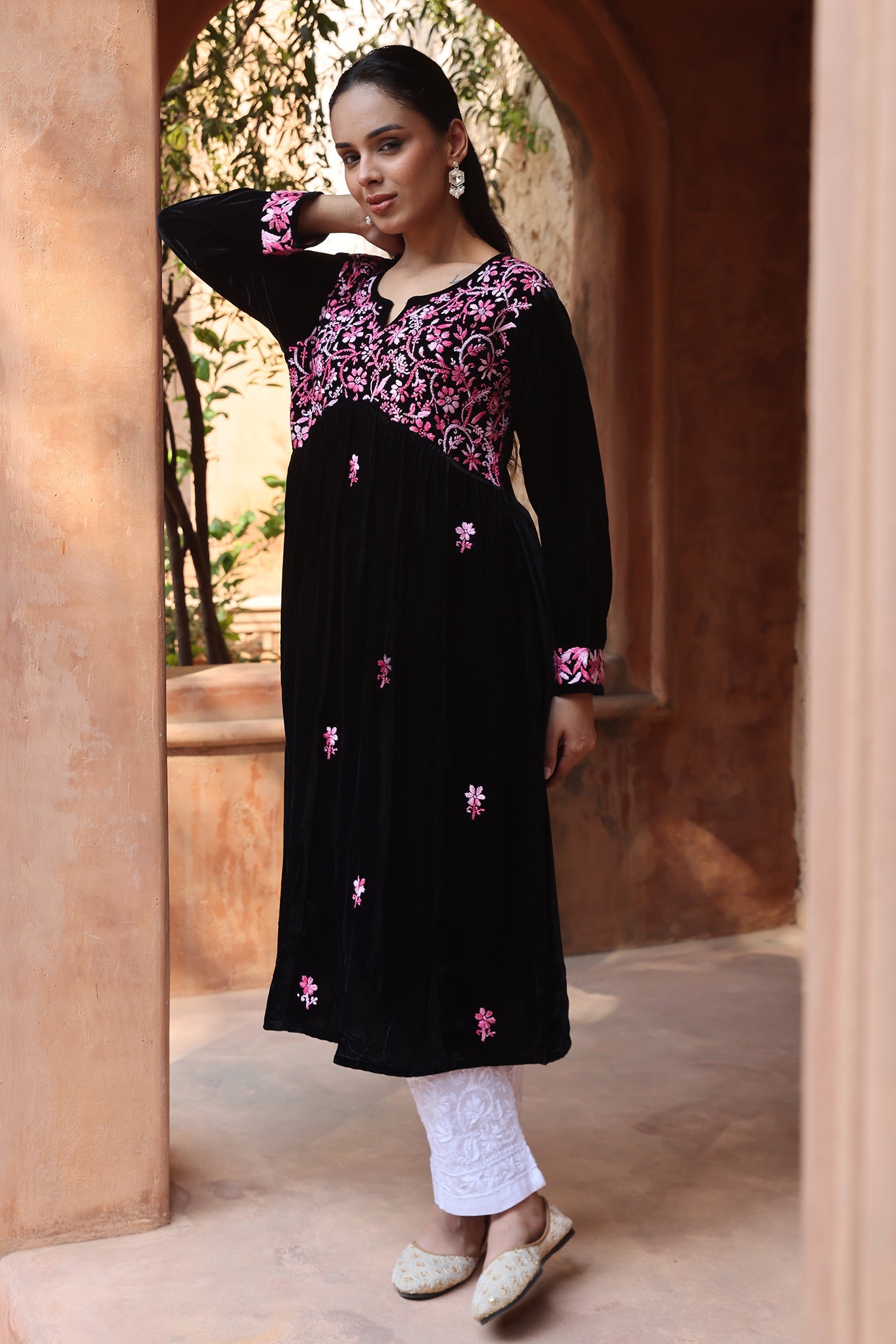 Velvet Chikankari Long Kurti – Blue