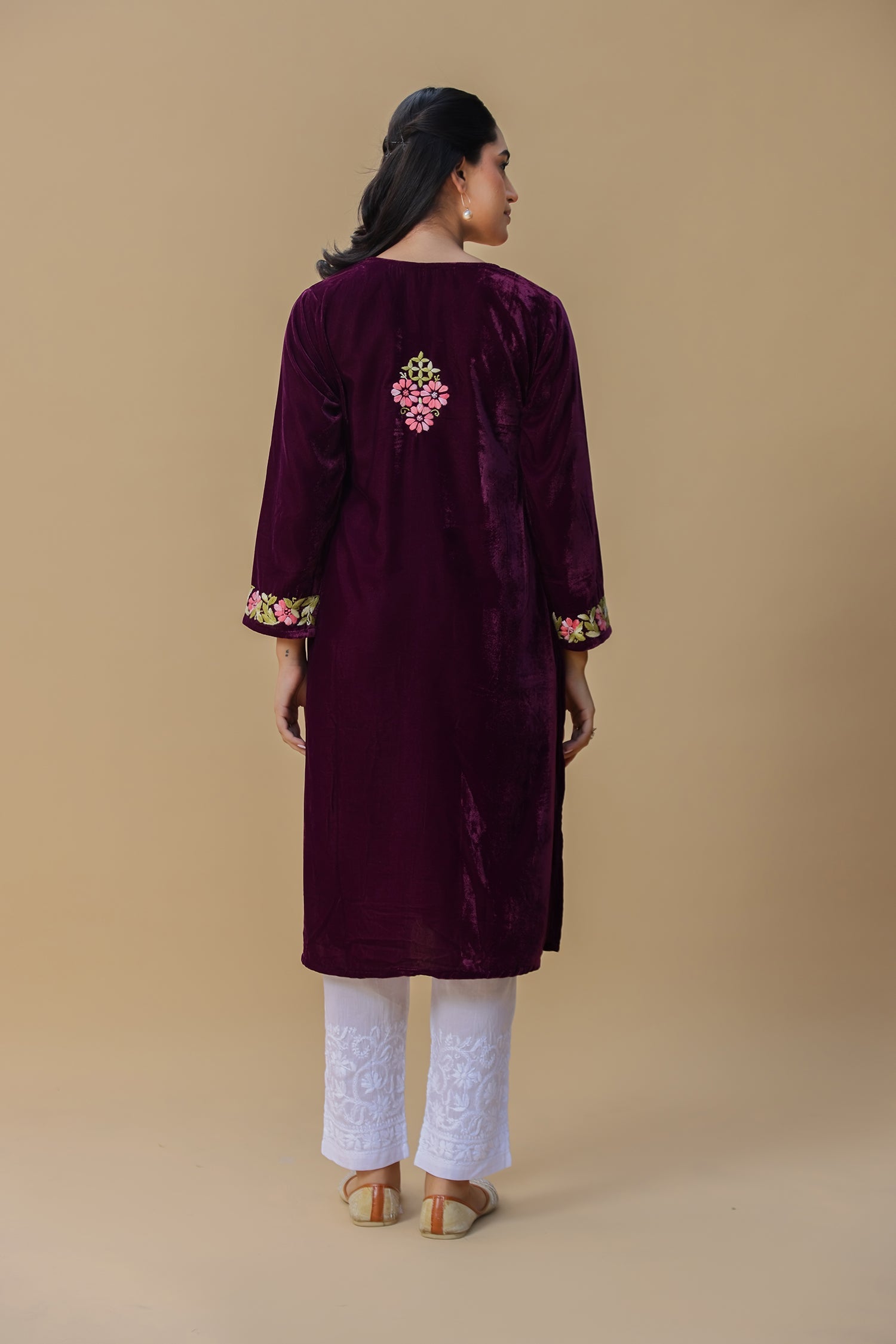 Velvet Chikankari Long Kurti – Purple