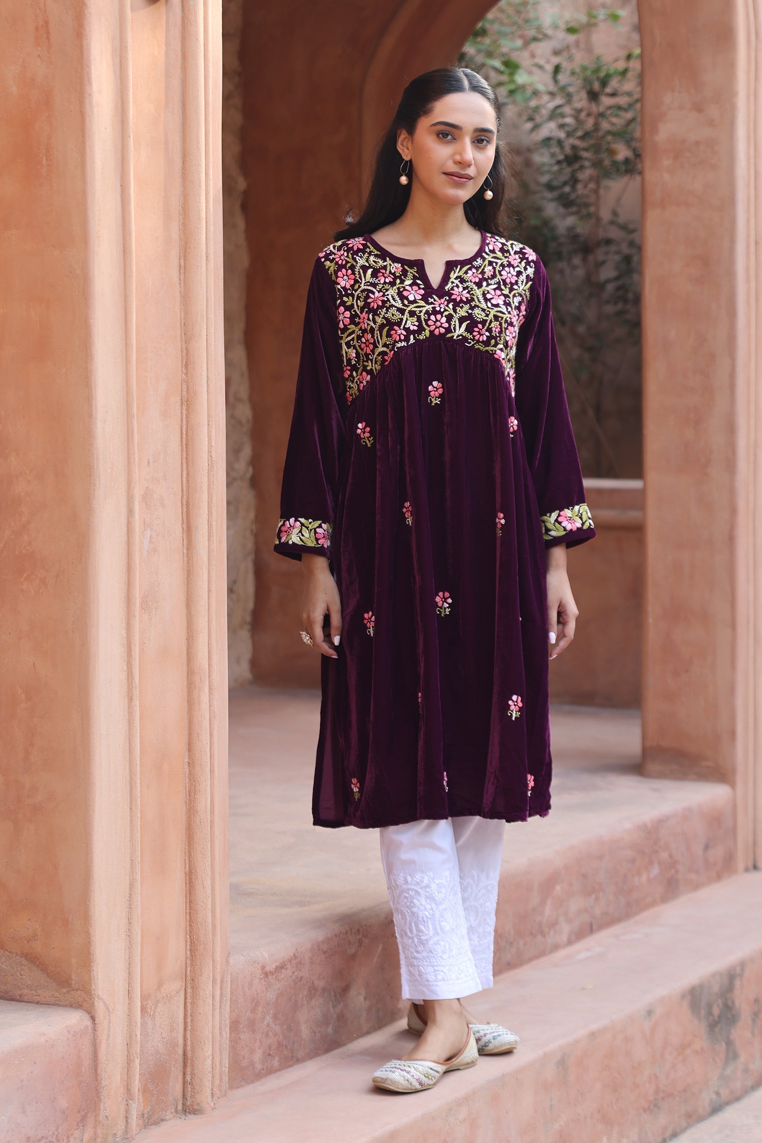 Velvet Chikankari Long Kurti – Purple