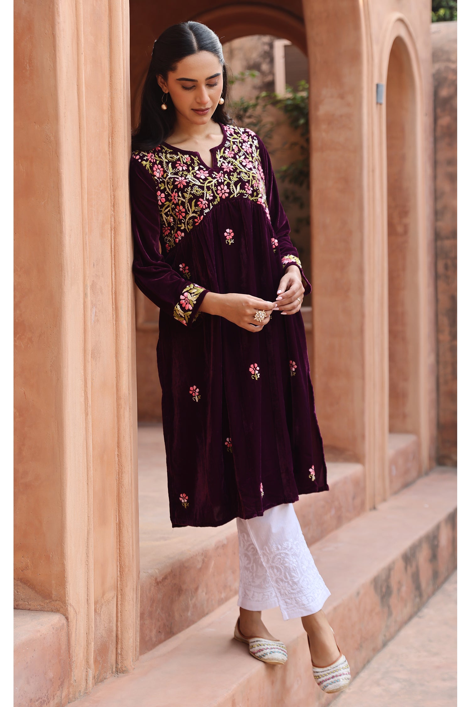 Velvet Chikankari Long Kurti – Purple
