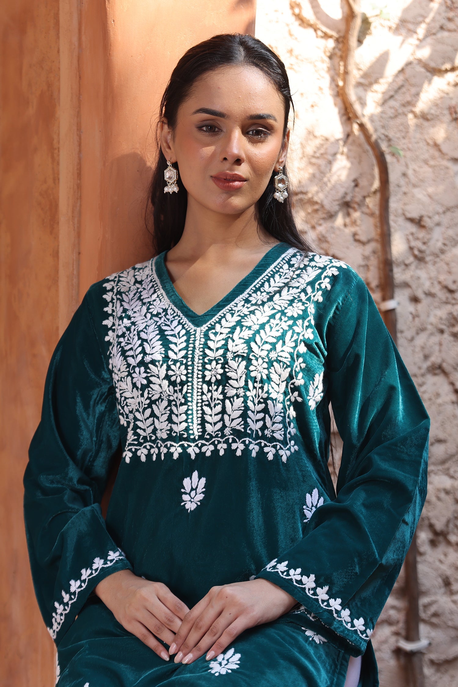 Velvet Chikankari Kurta – Tourquise Blue