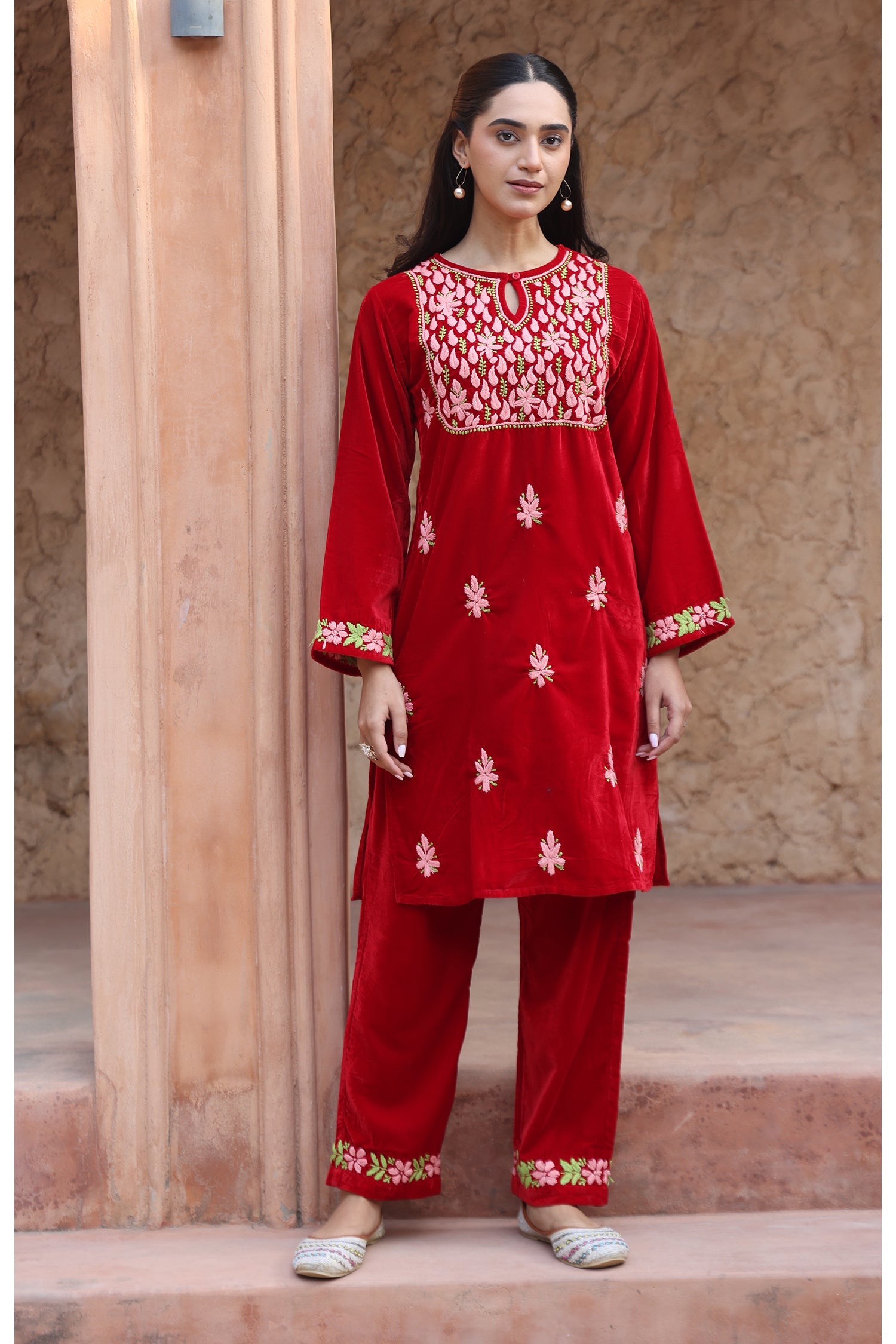 Velvet Chikankari Kurta Set – Red