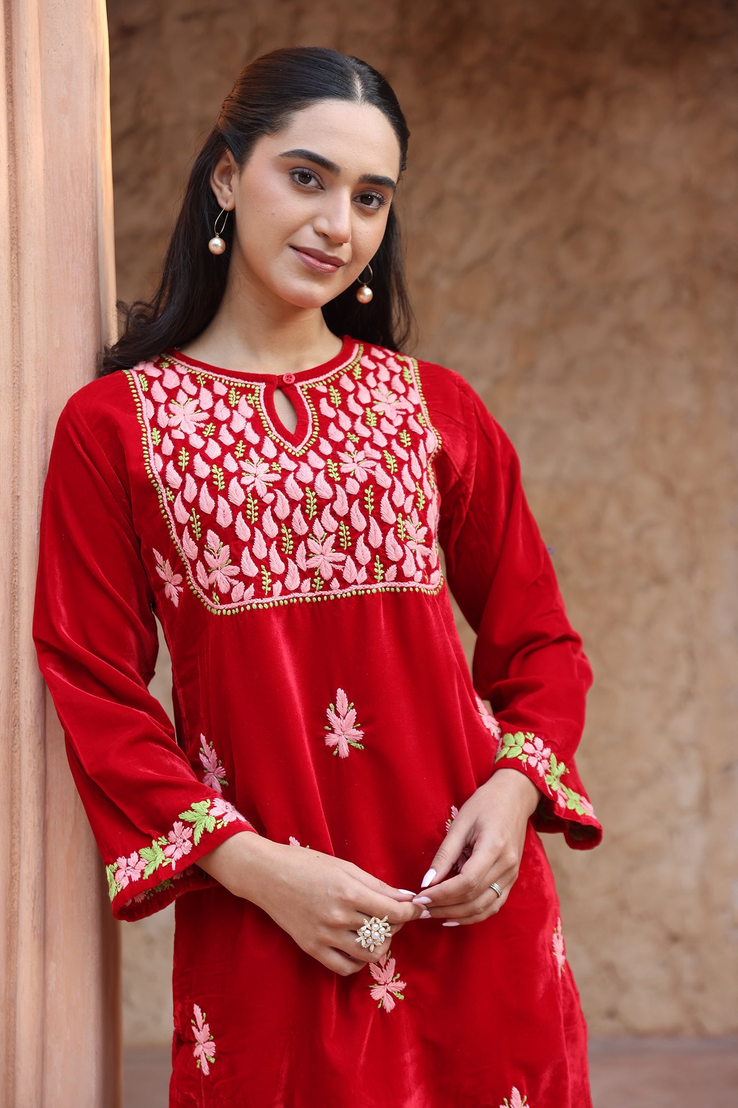Velvet Chikankari Kurta Set – Red