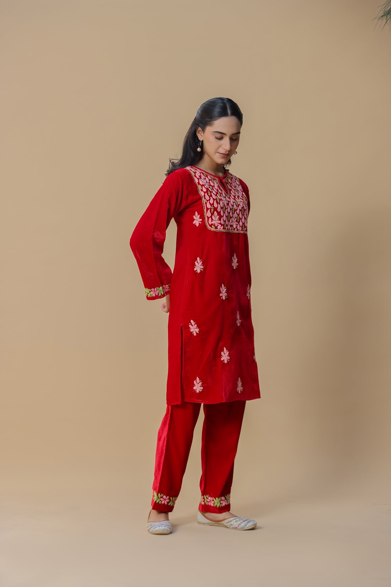 Velvet Chikankari Kurta Set – Red