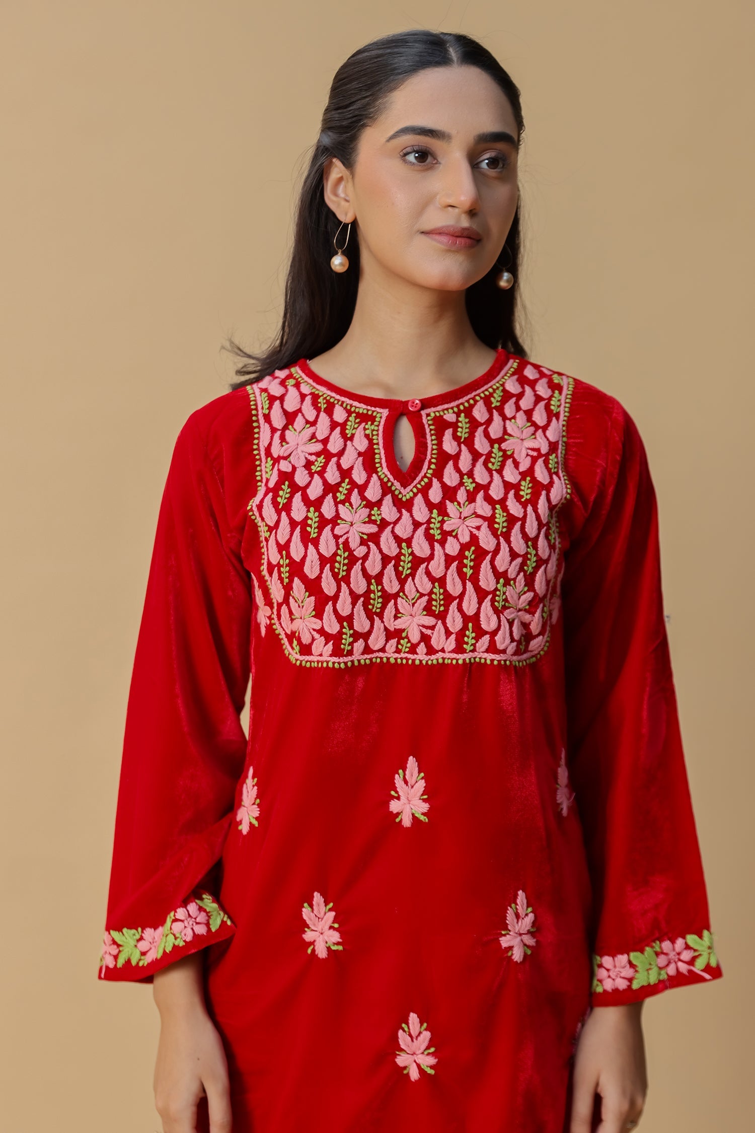 Velvet Chikankari Kurta Set – Red