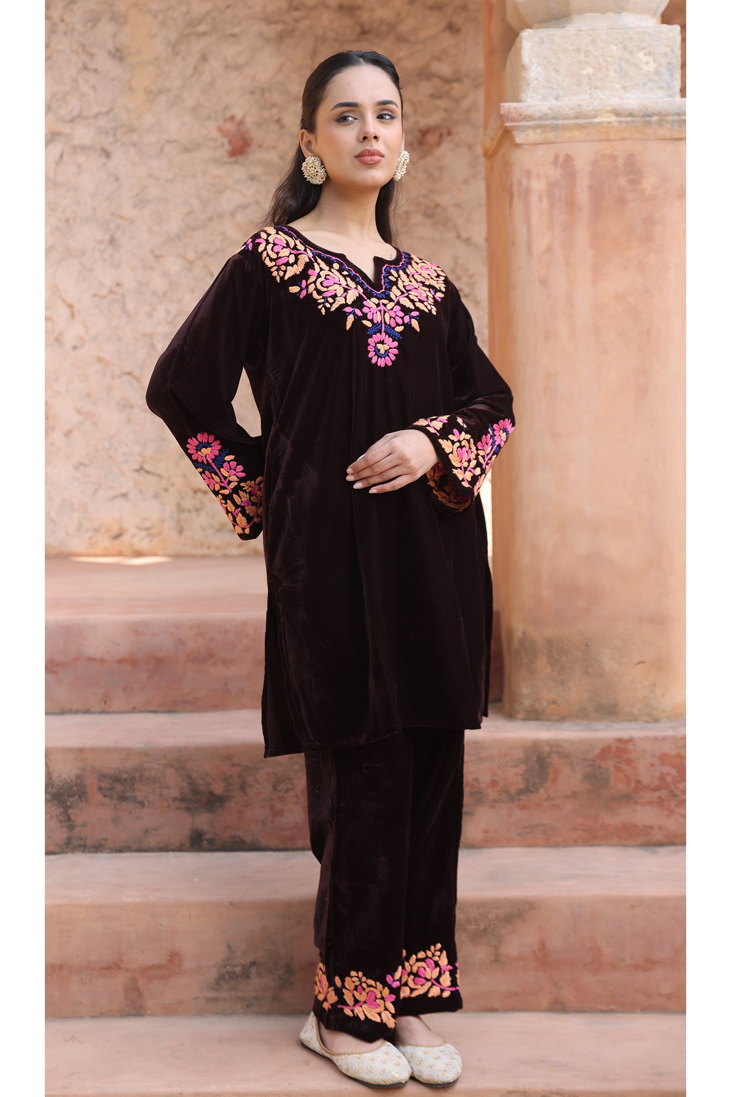 Velvet Chikankari Kurta Set – Wine