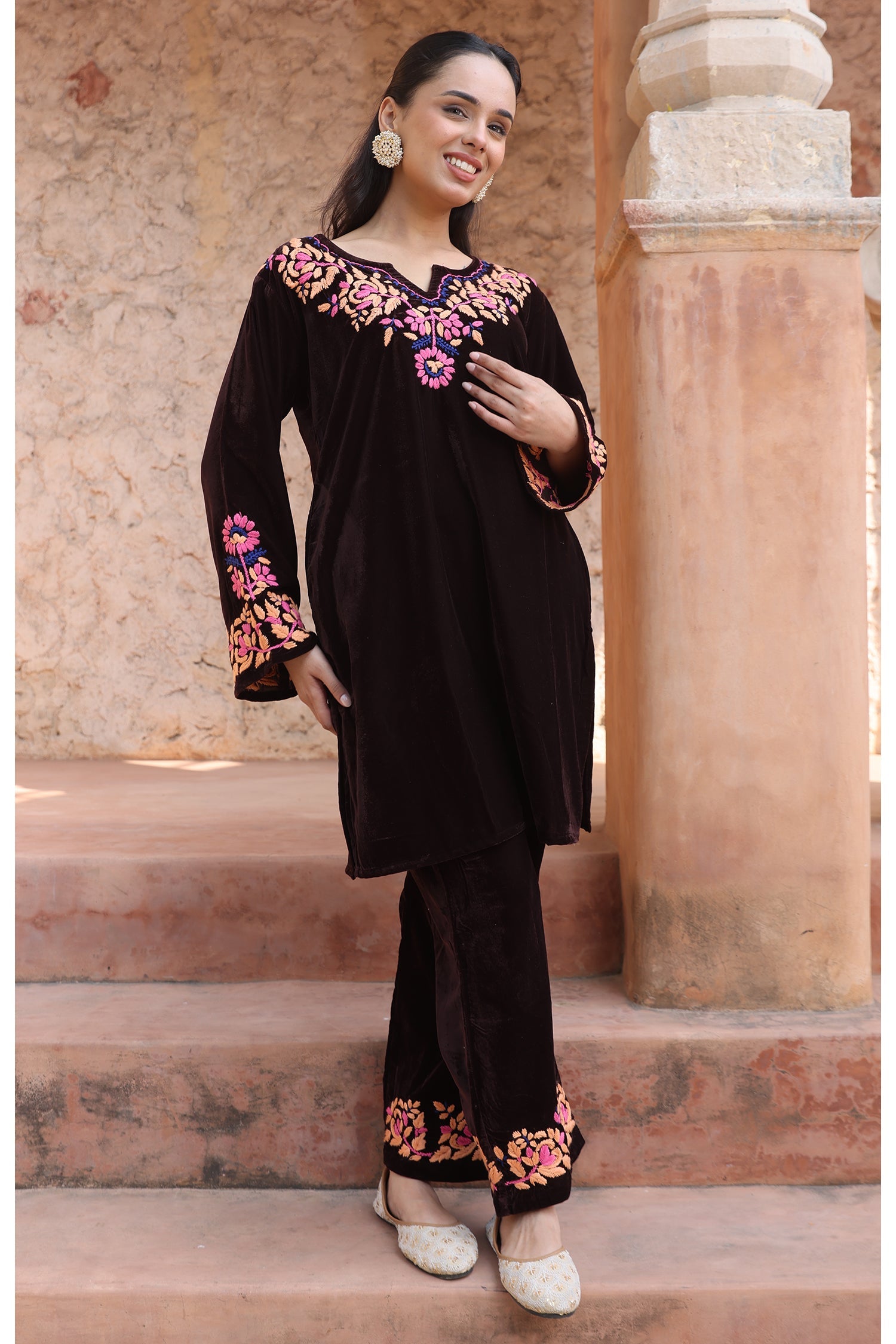 Velvet Chikankari Kurta Set – Wine