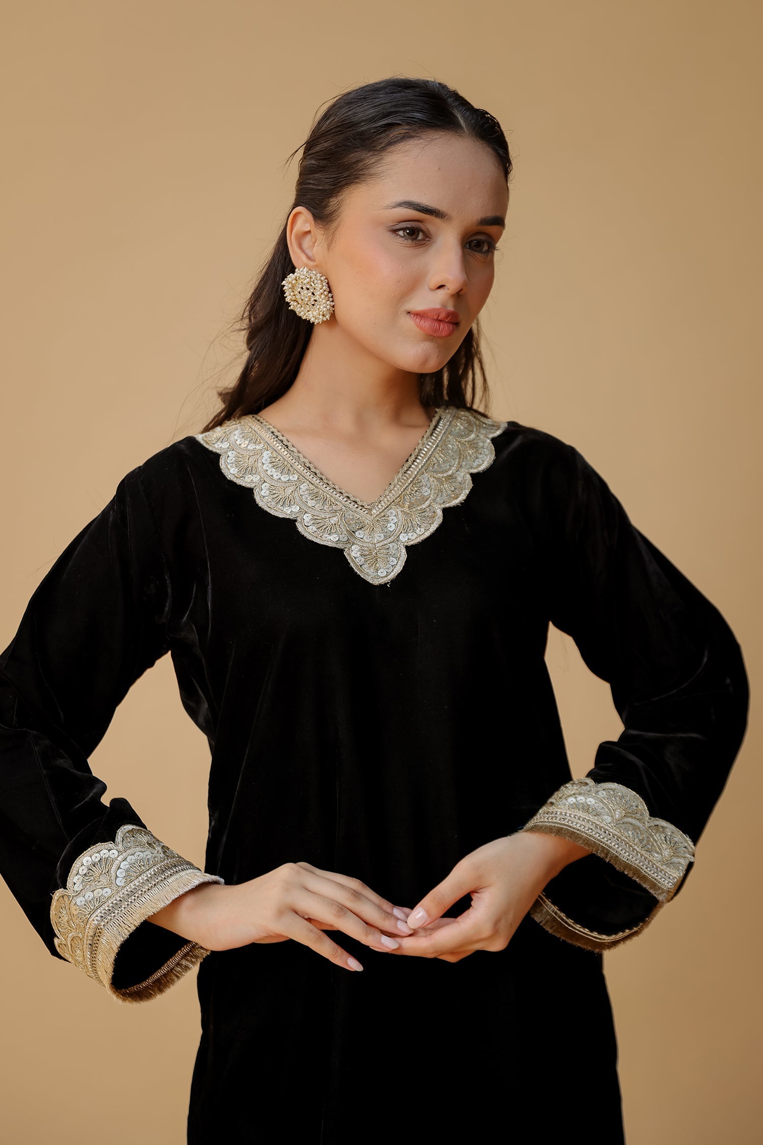 Velvet Kurta Set with Gold Zari Lace Work - Black