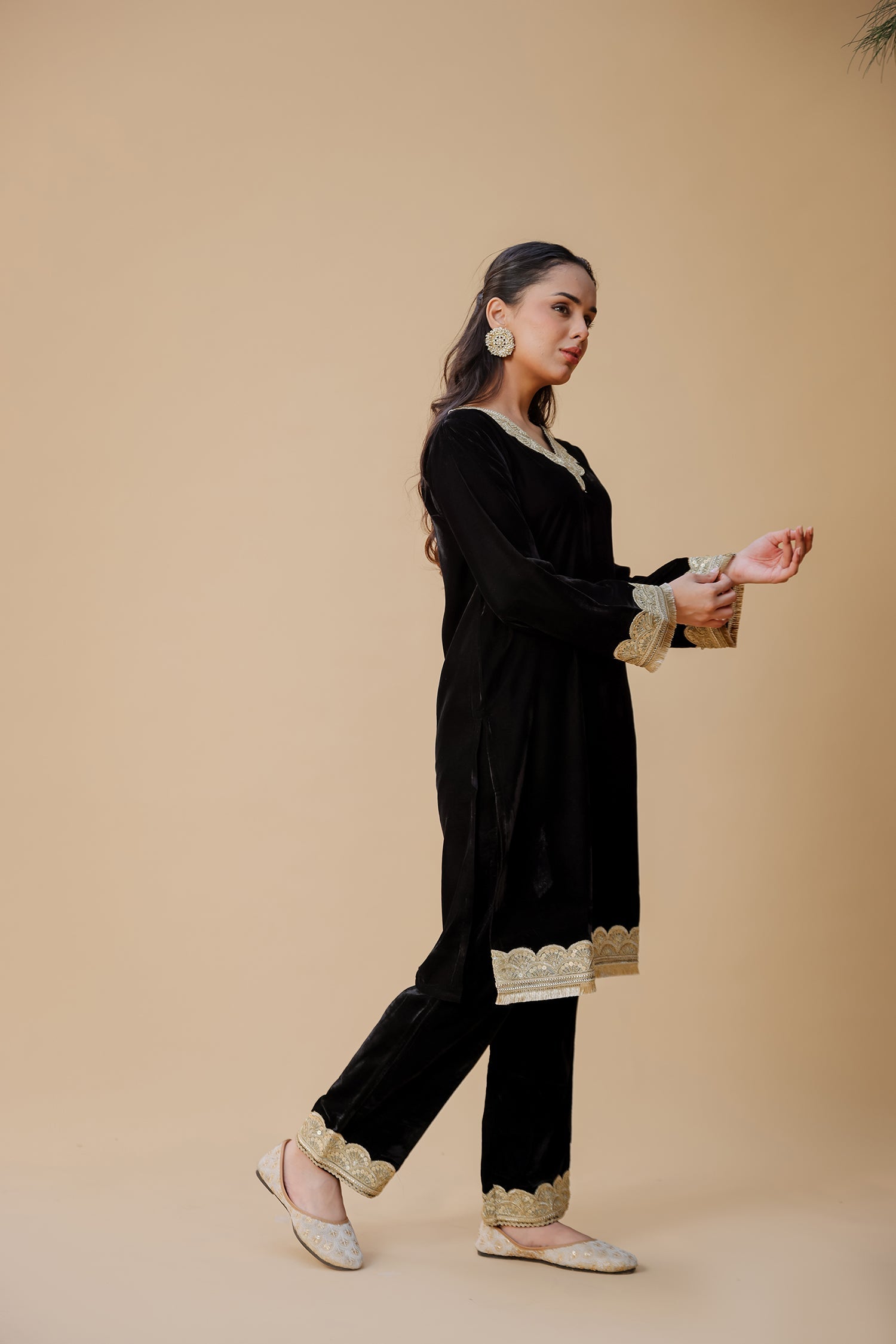 Velvet Kurta Set with Gold Zari Lace Work - Black