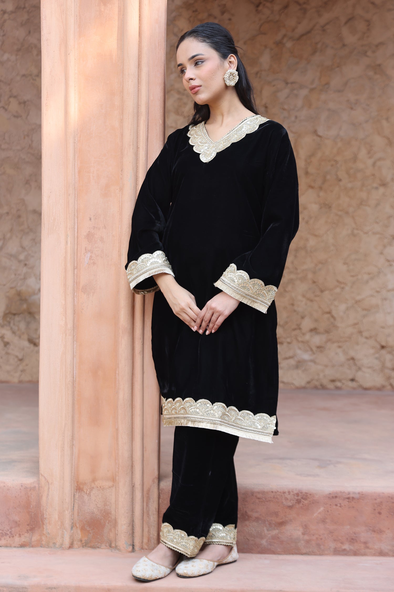 Velvet Kurta Set with Gold Zari Lace Work - Black