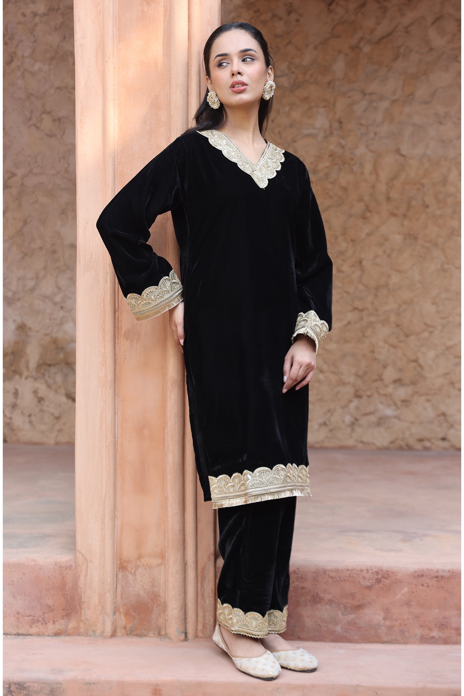 Velvet Kurta Set with Gold Zari Lace Work - Black