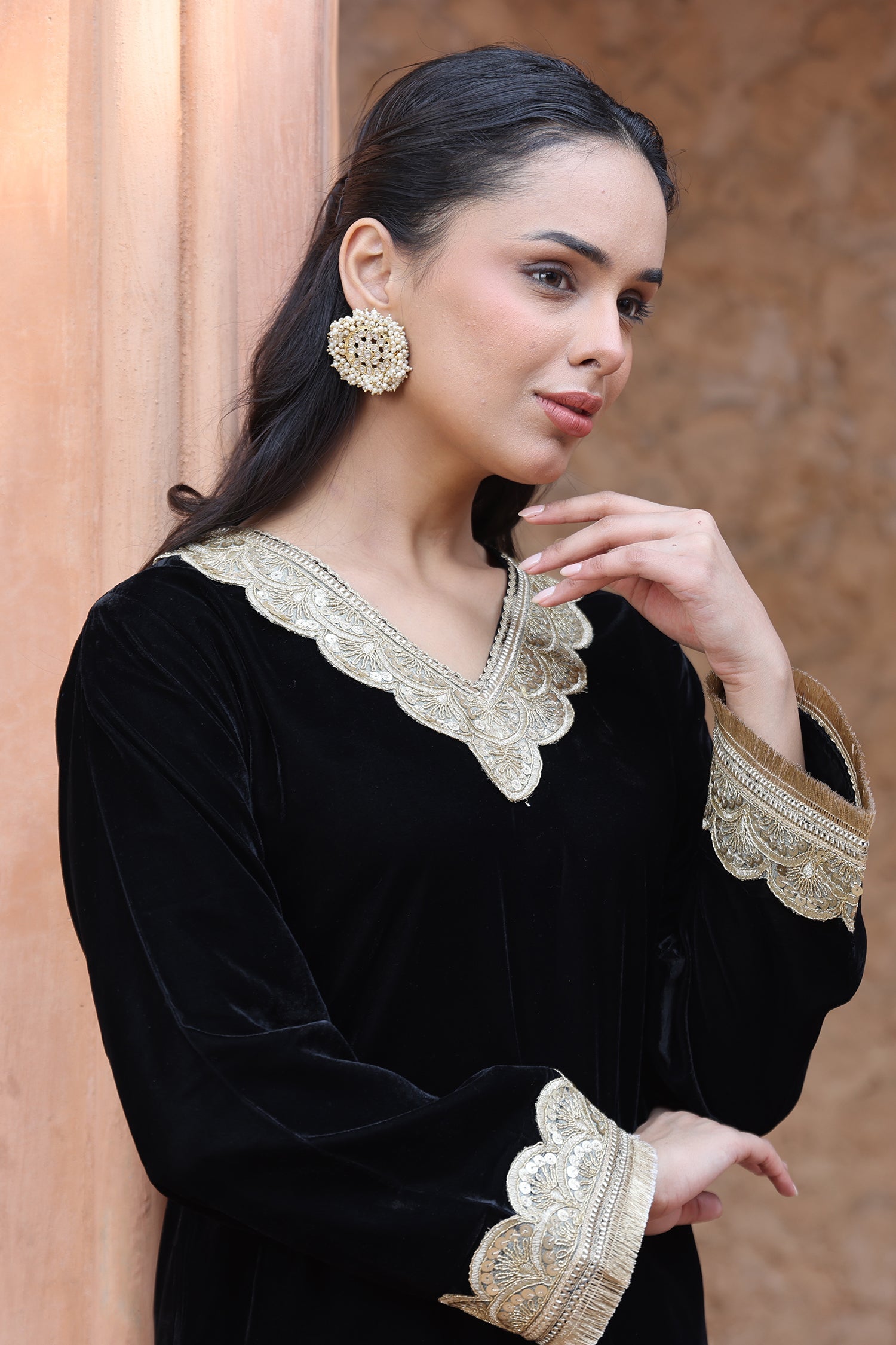 Velvet Kurta Set with Gold Zari Lace Work - Black