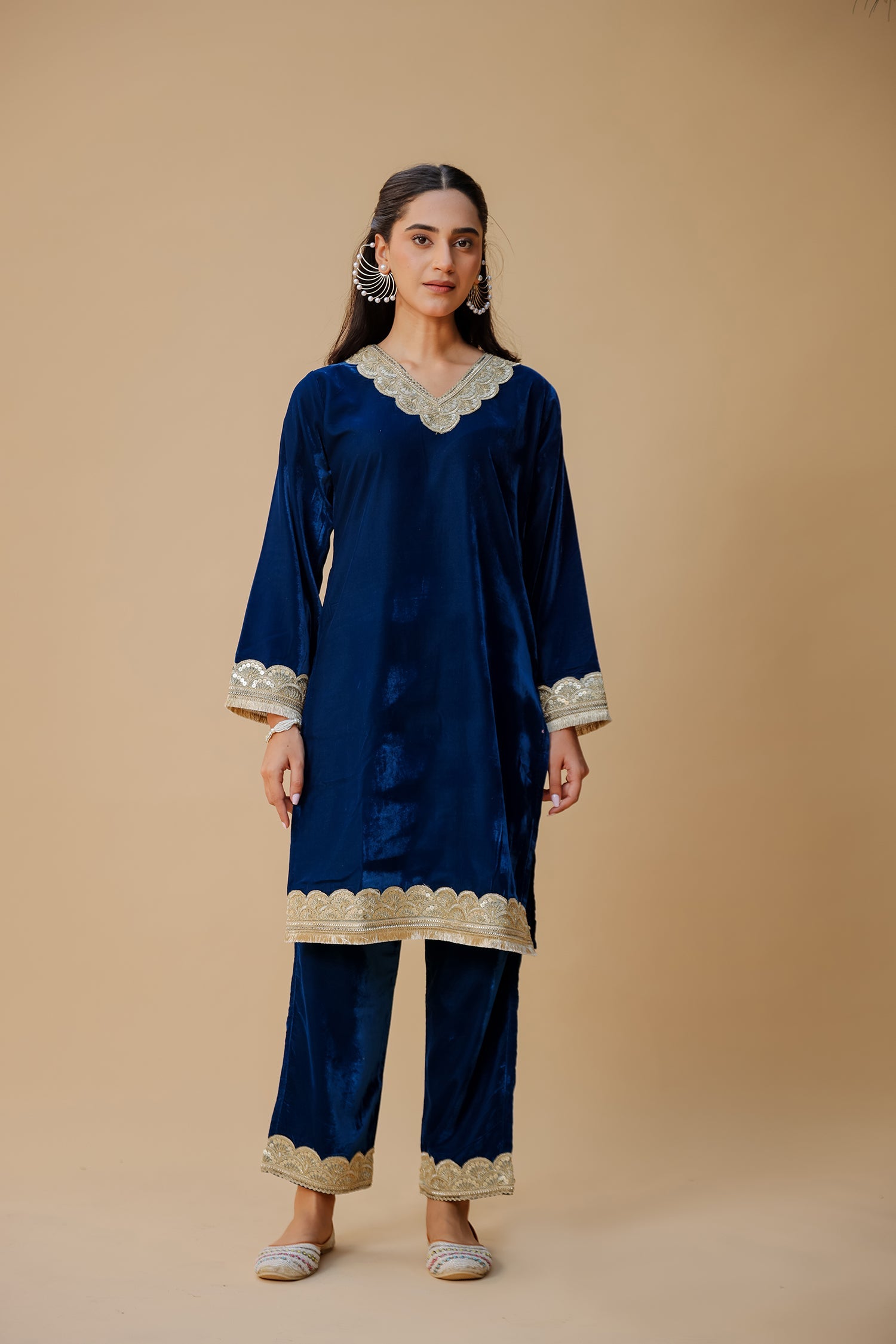 Velvet Kurta Set with Gold Zari Lace Work - Blue