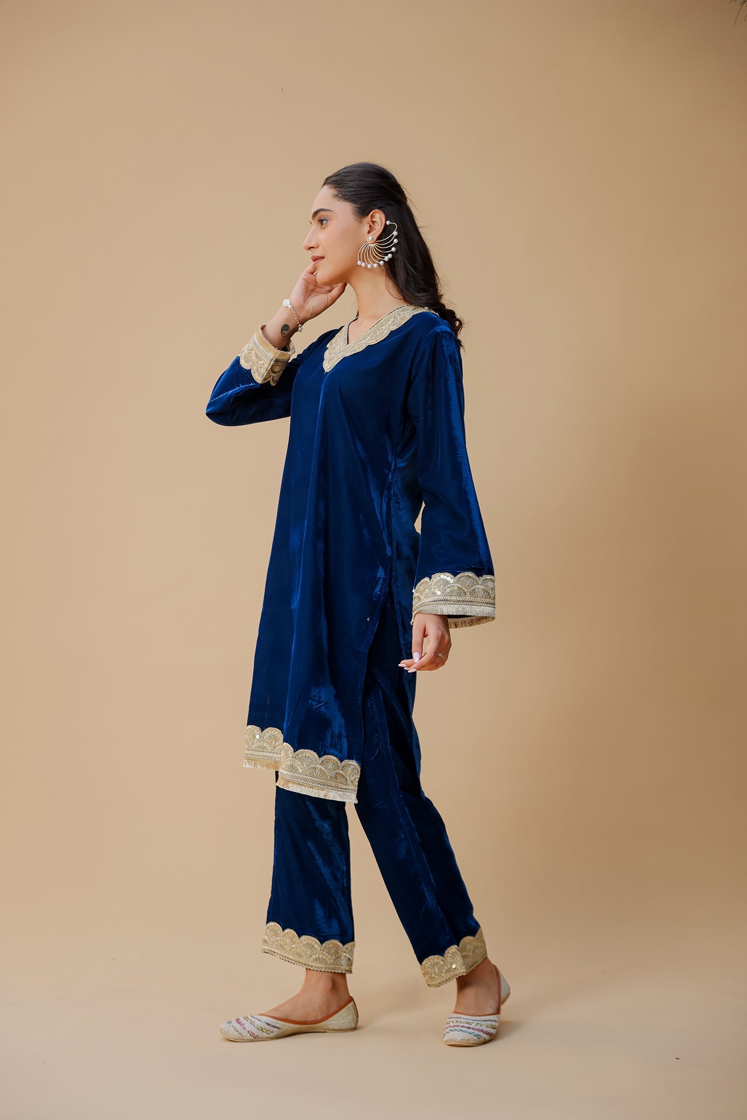 Velvet Kurta Set with Gold Zari Lace Work - Blue