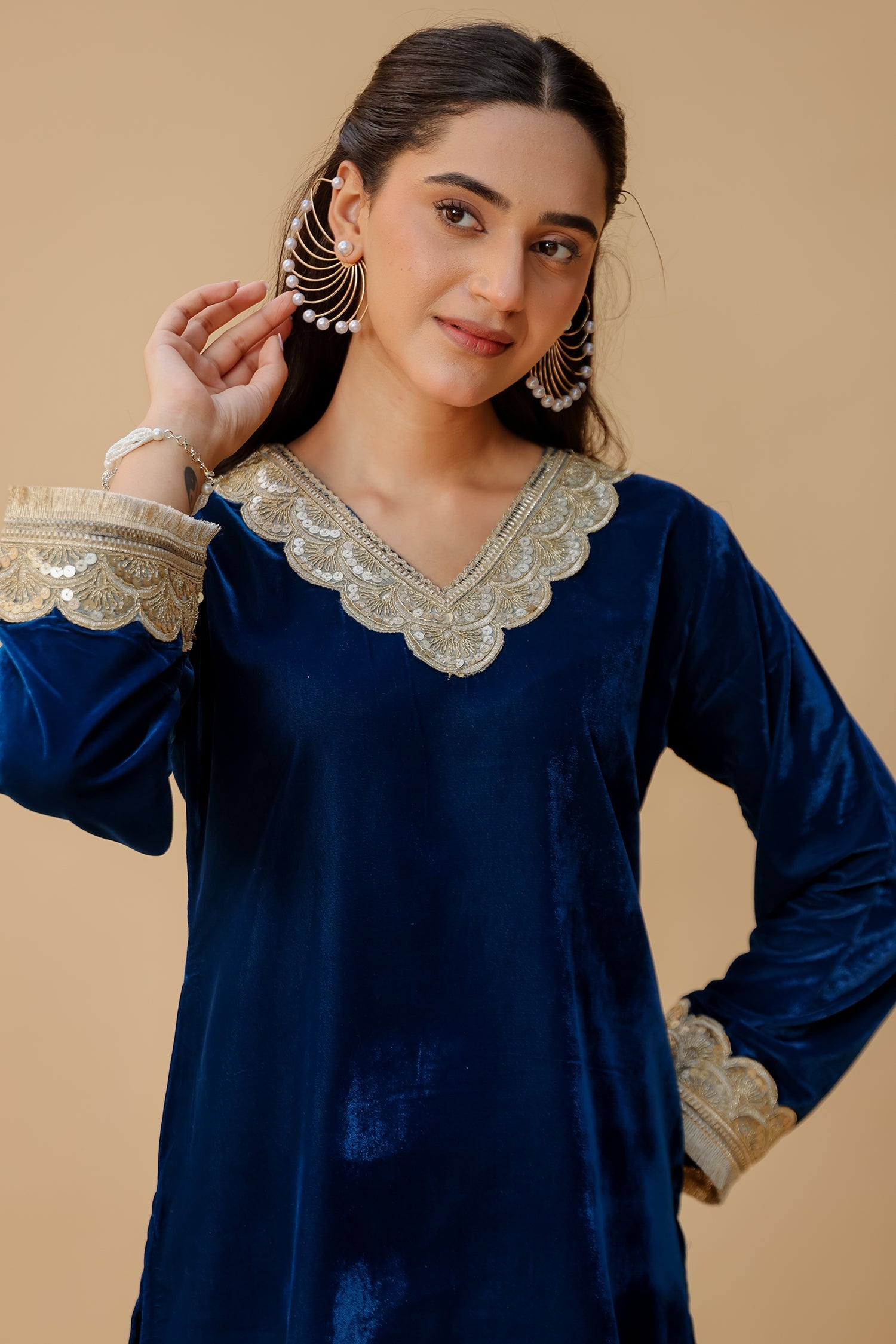 Velvet Kurta Set with Gold Zari Lace Work - Blue