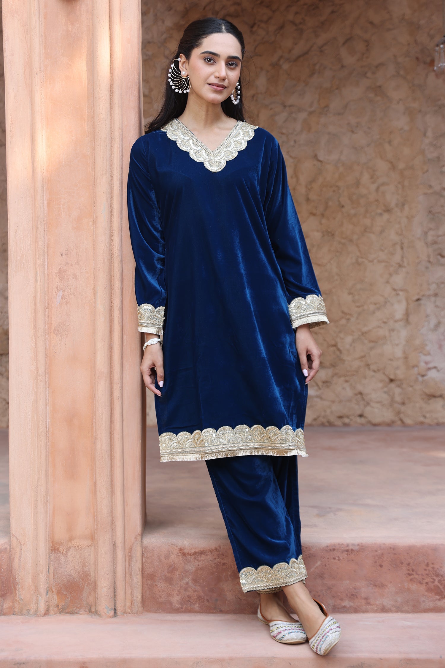 Velvet Kurta Set with Gold Zari Lace Work - Blue