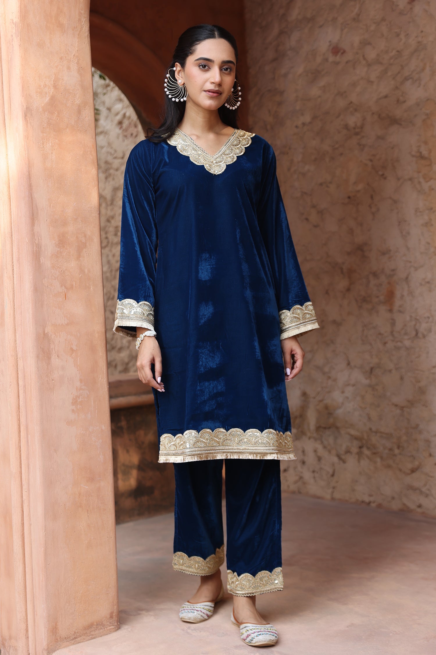 Velvet Kurta Set with Gold Zari Lace Work - Blue