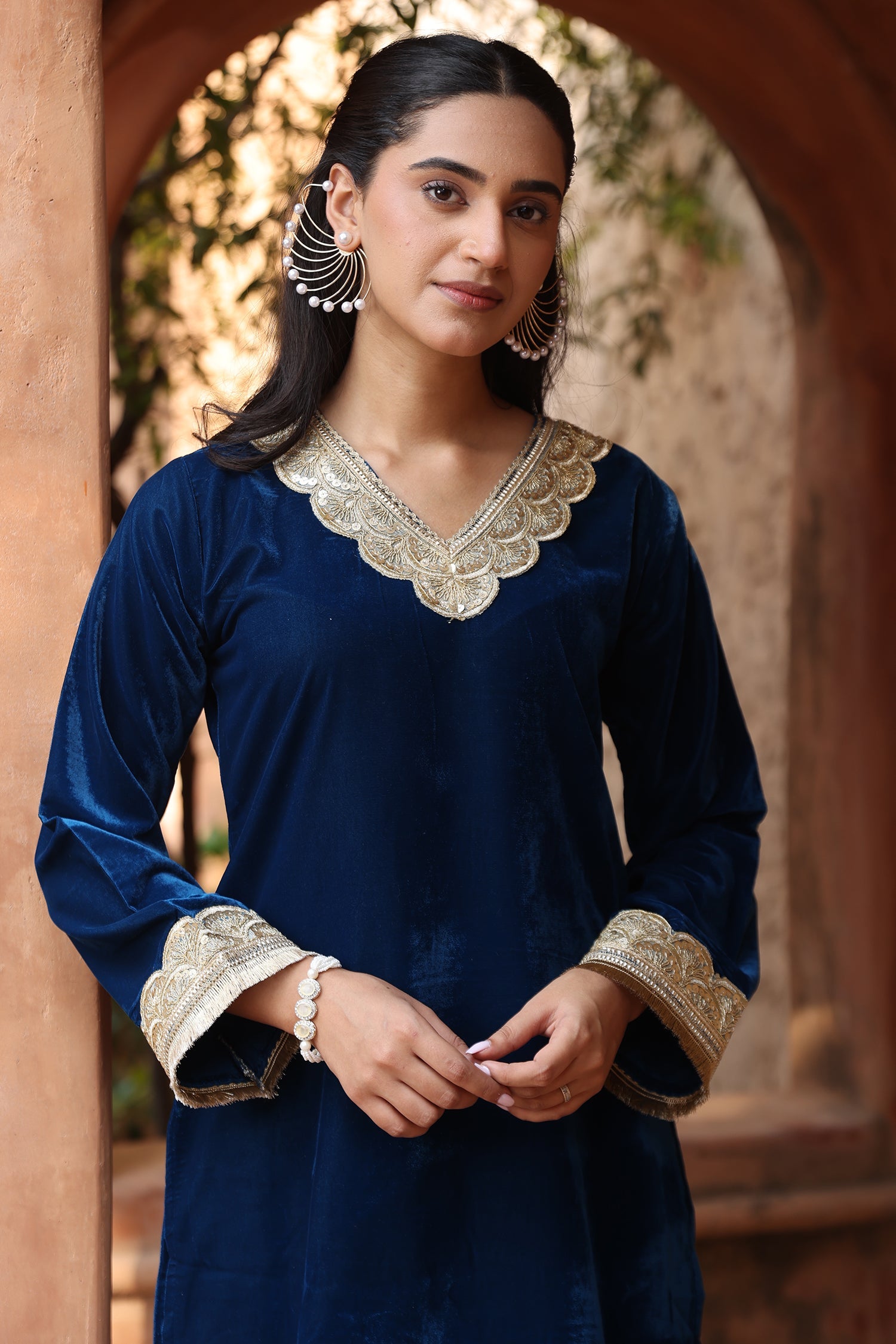 Velvet Kurta Set with Gold Zari Lace Work - Blue