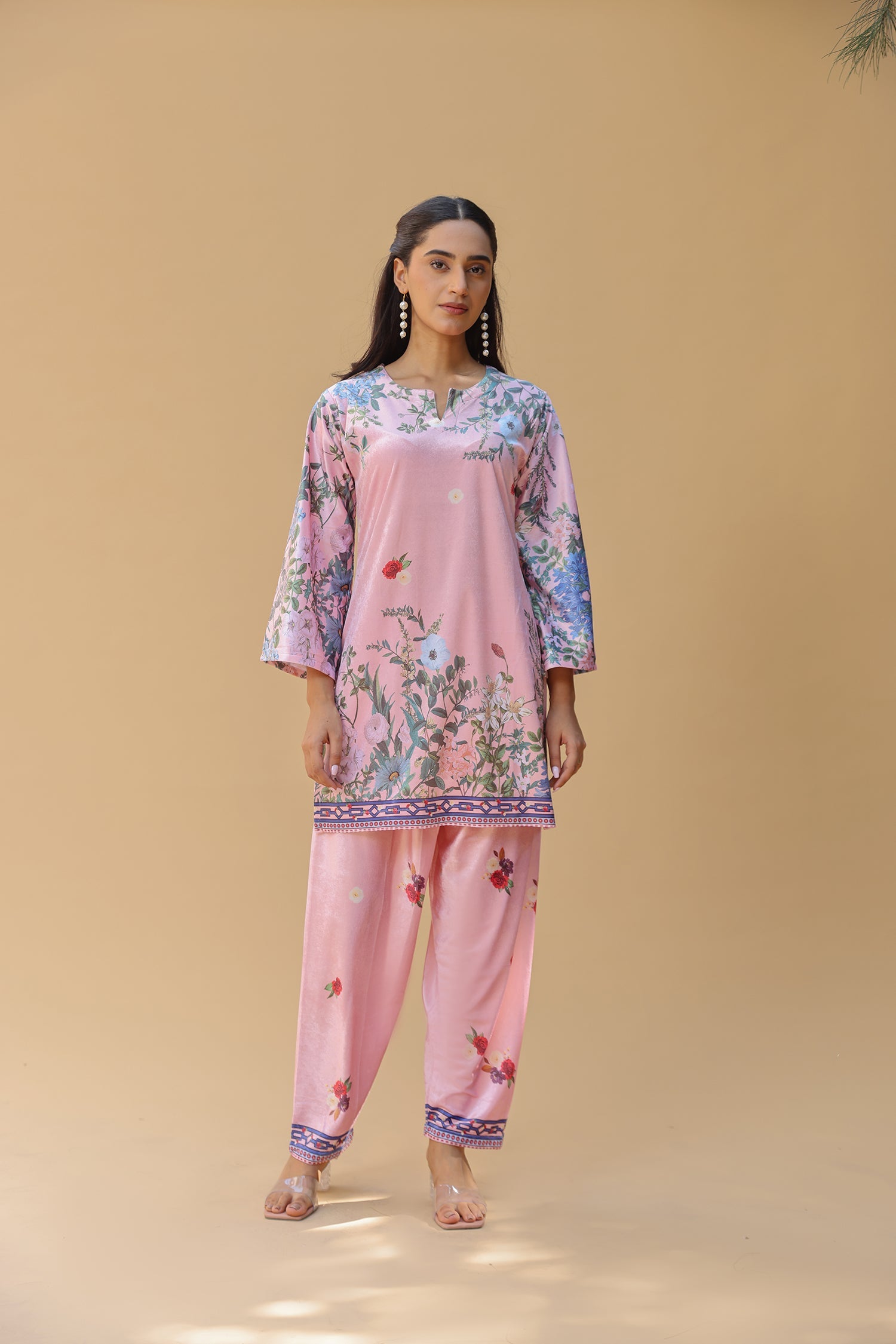 Velvet Printkari Coord Set with Straight Bottoms – Blush Pink