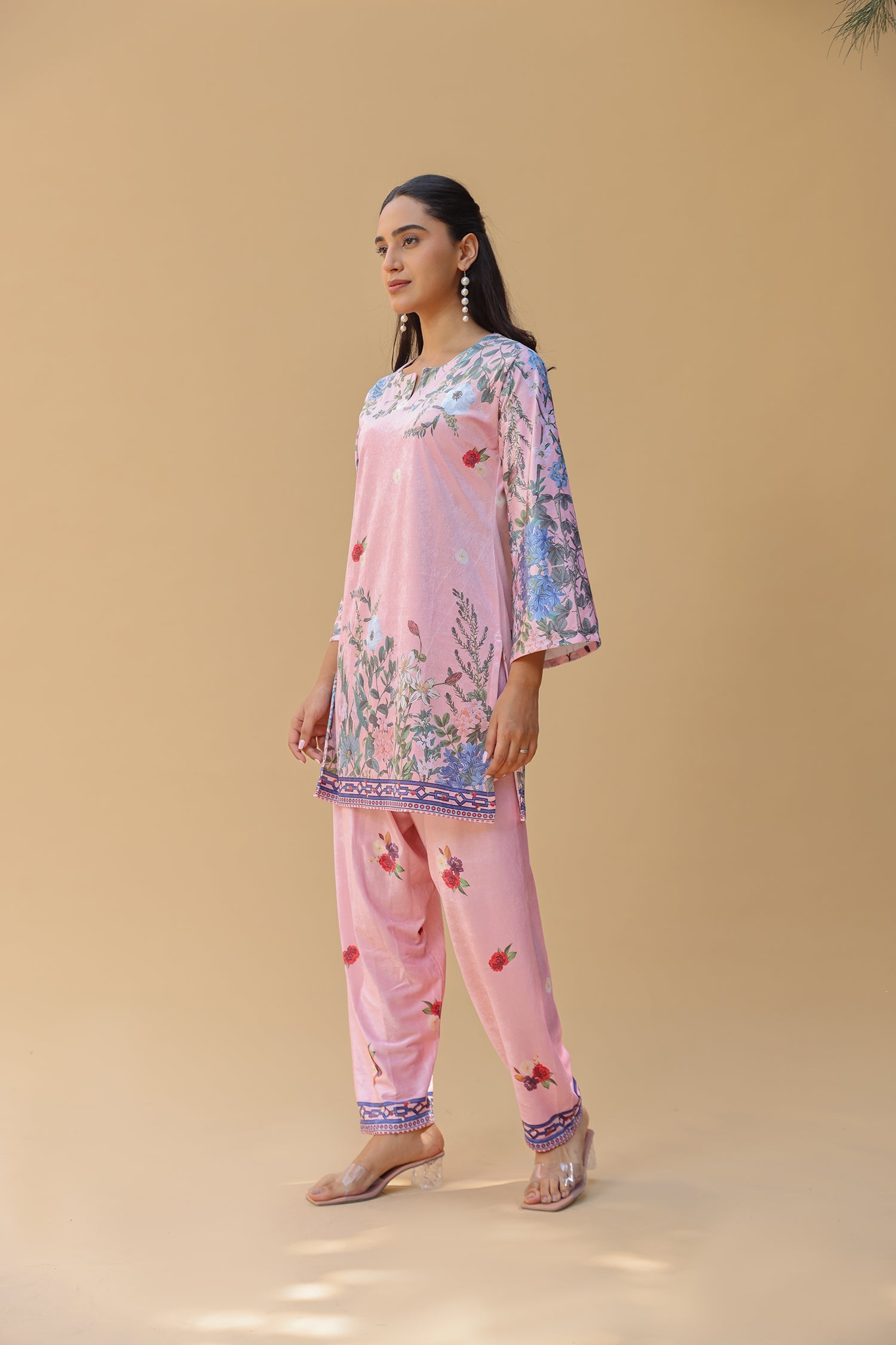 Velvet Printkari Coord Set with Straight Bottoms – Blush Pink