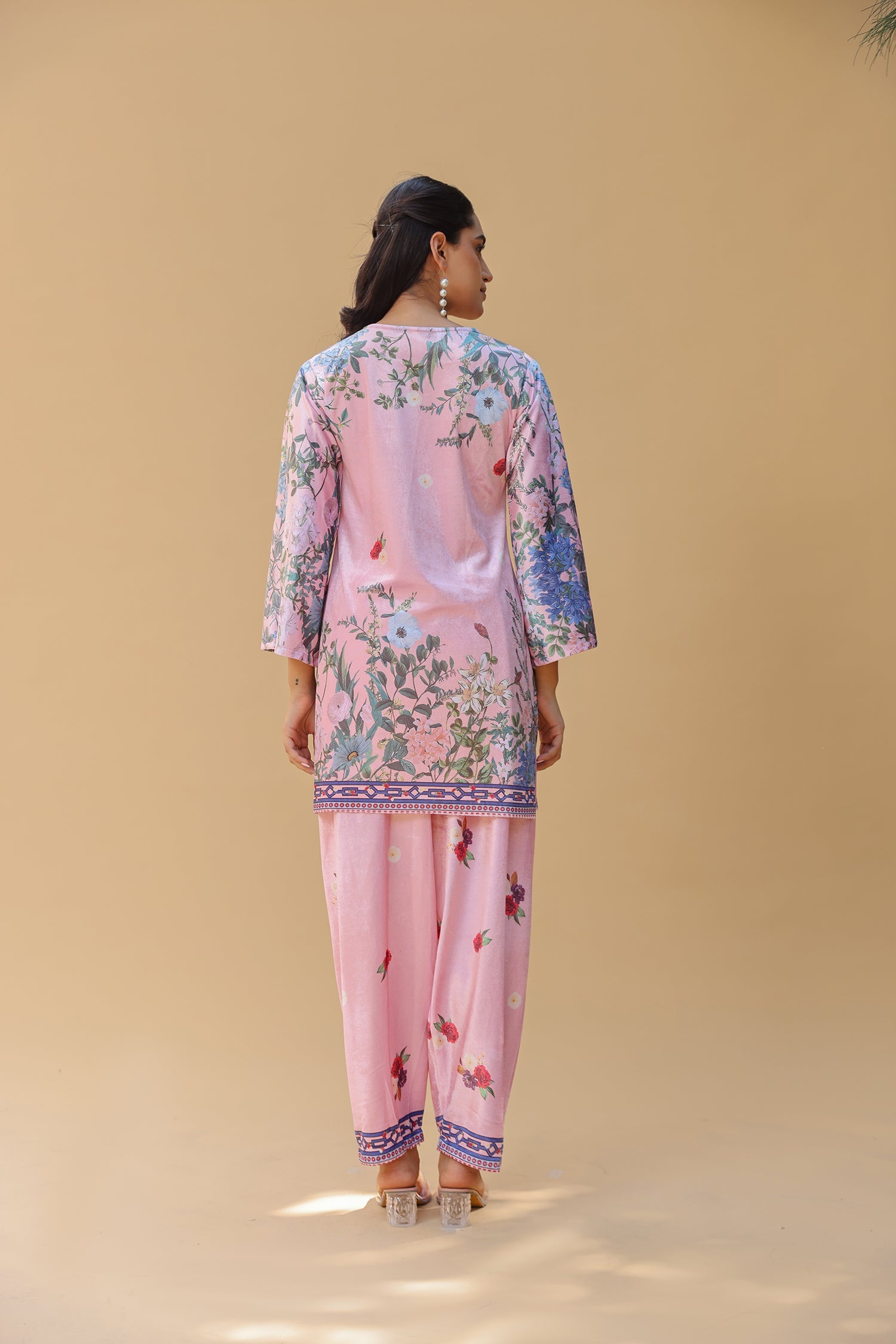 Velvet Printkari Coord Set with Straight Bottoms – Blush Pink