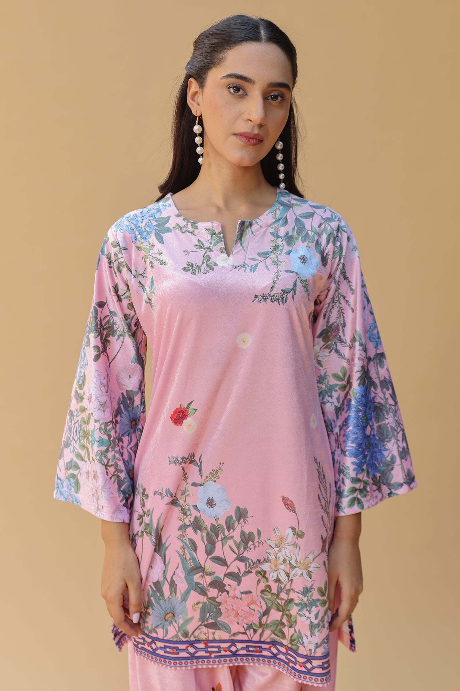 Velvet Printkari Coord Set with Straight Bottoms – Blush Pink