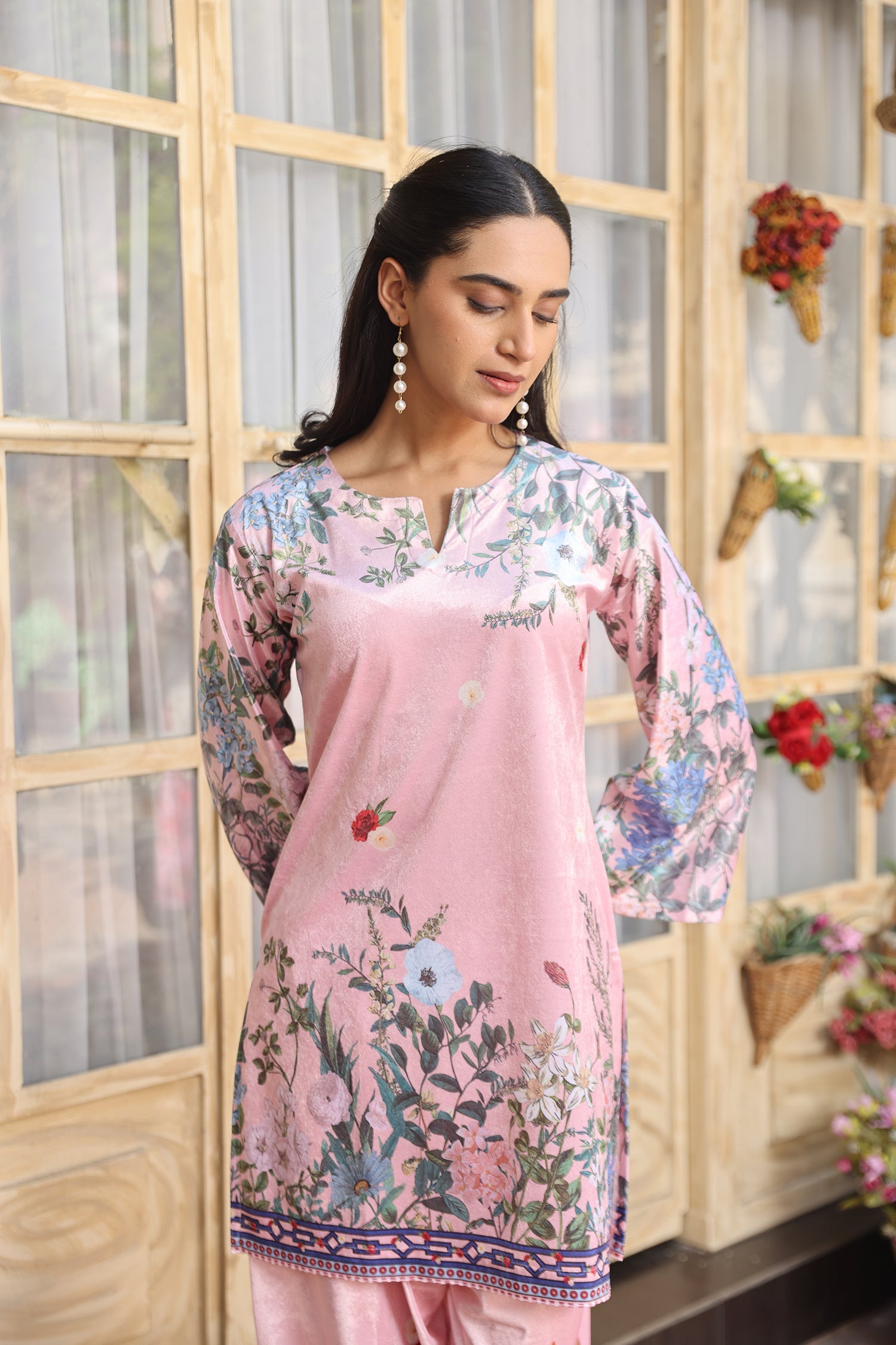 Velvet Printkari Coord Set with Straight Bottoms – Blush Pink