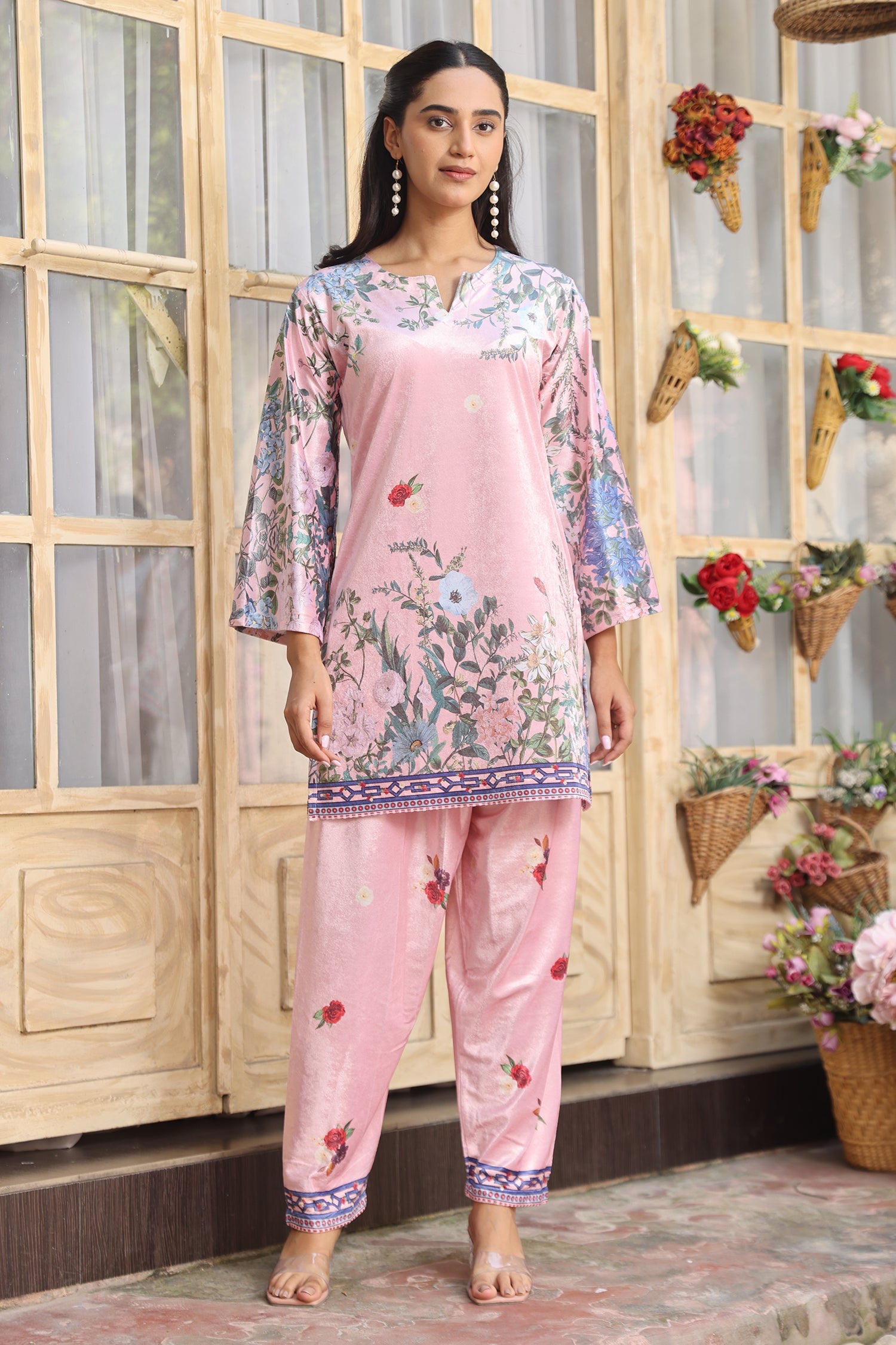 Velvet Printkari Coord Set with Straight Bottoms – Blush Pink