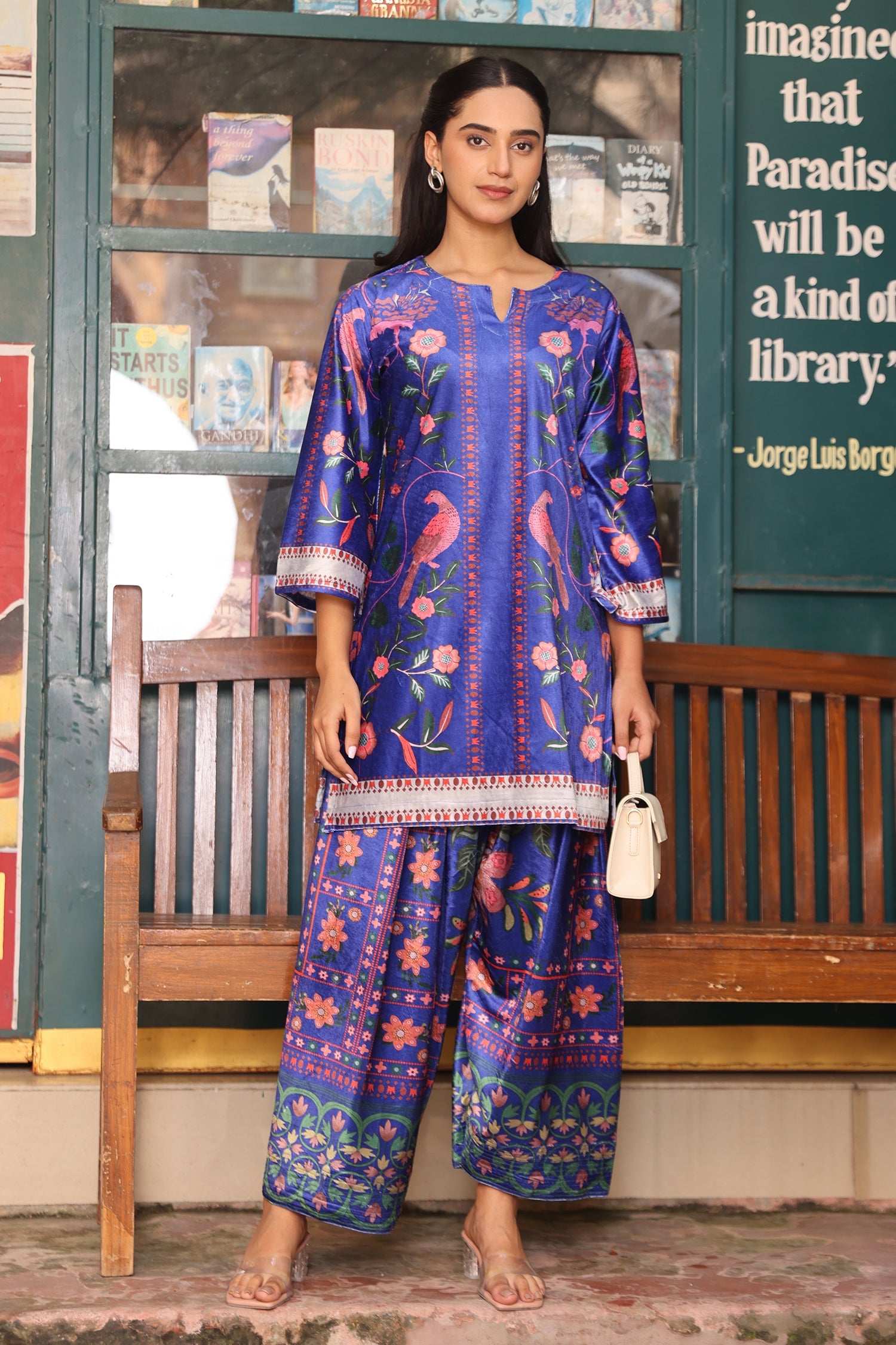 Velvet Printkari Coord Set with Farsi Bottoms – Royal Blue