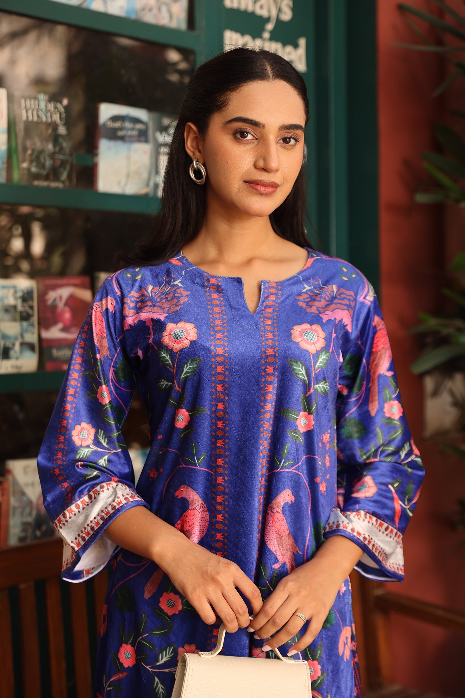 Velvet Printkari Coord Set with Farsi Bottoms – Royal Blue