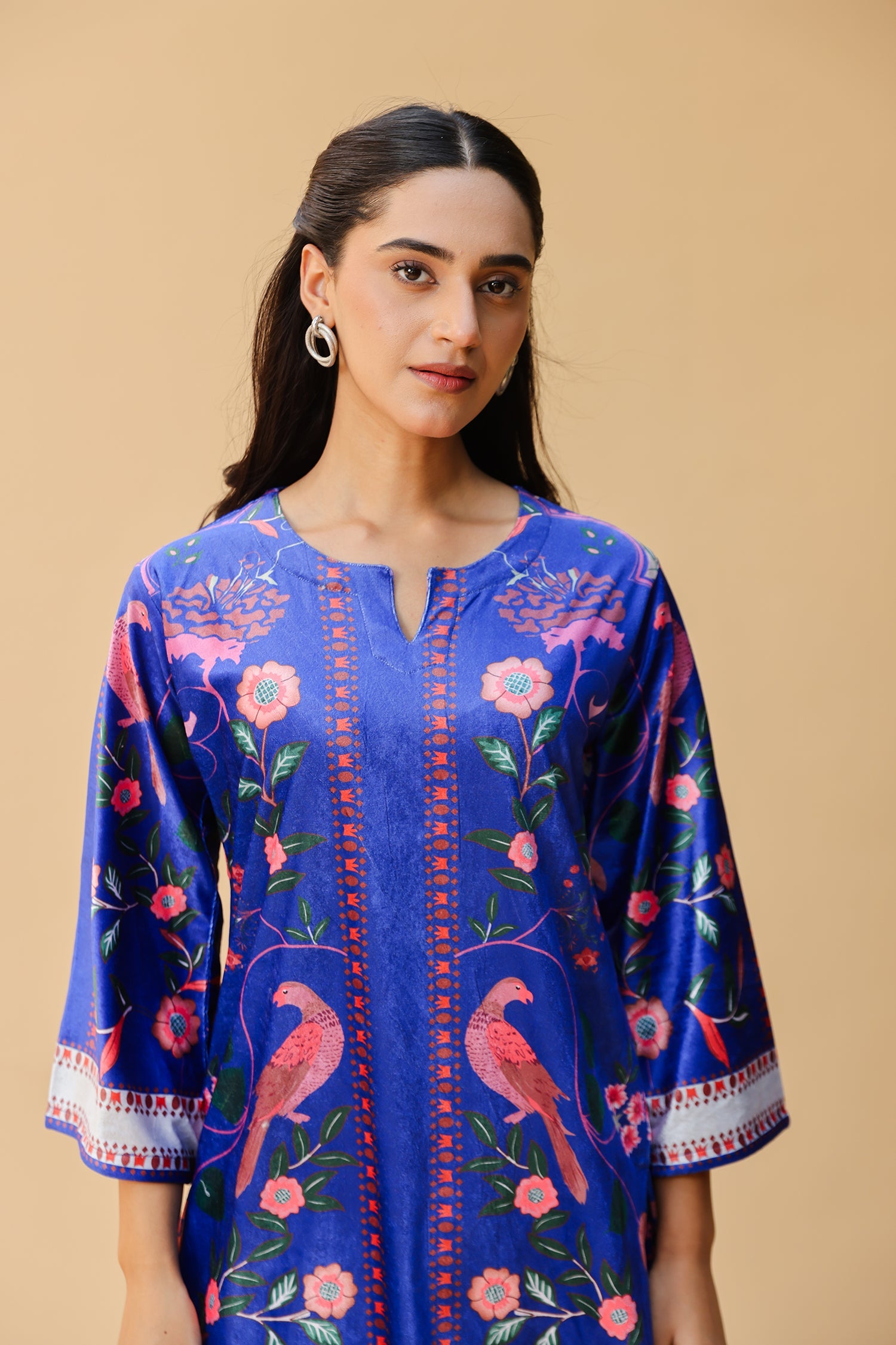 Velvet Printkari Coord Set with Farsi Bottoms – Royal Blue