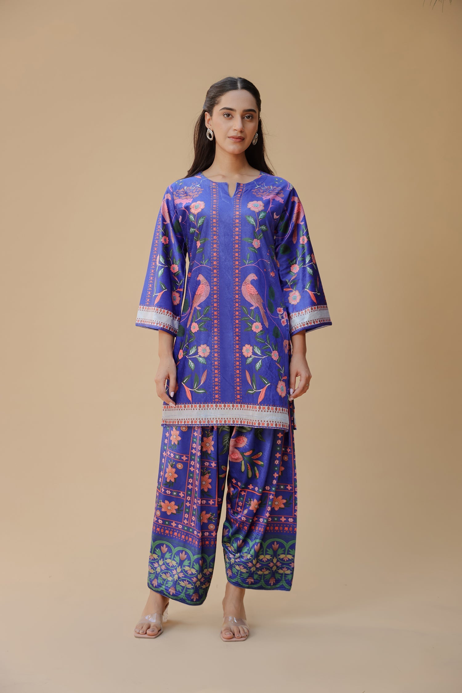Velvet Printkari Coord Set with Farsi Bottoms – Royal Blue