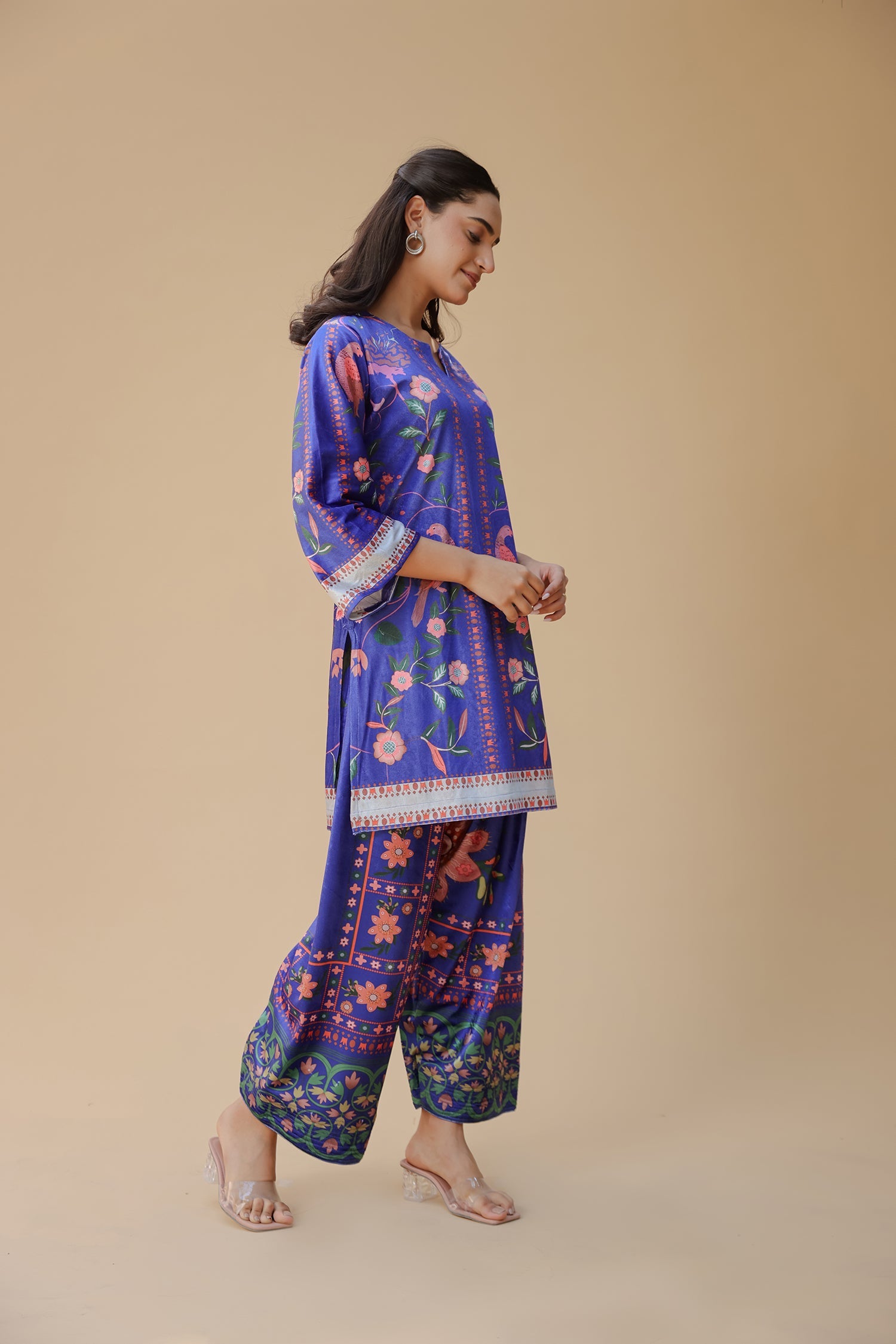 Velvet Printkari Coord Set with Farsi Bottoms – Royal Blue