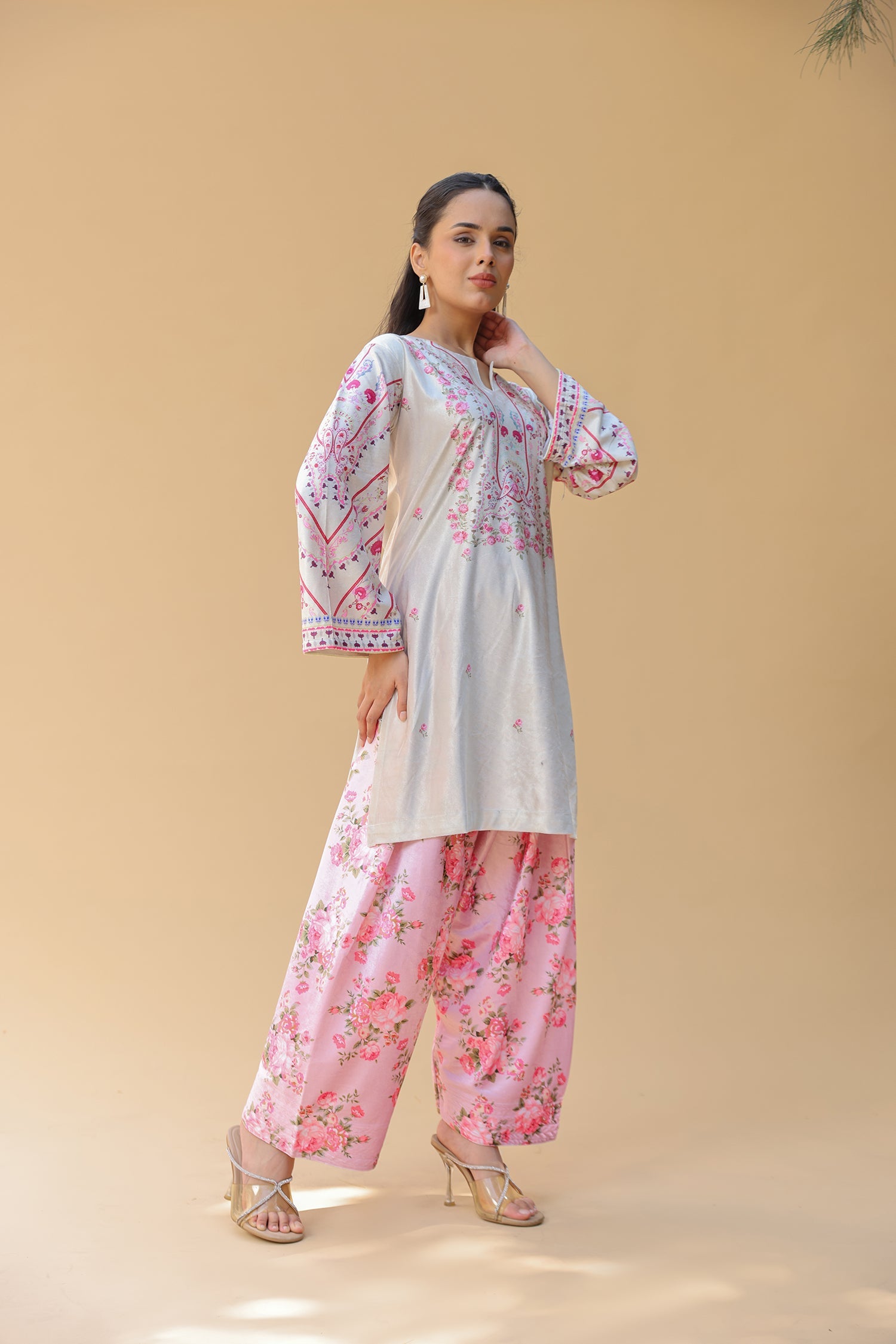 Velvet Printkari Coord Set with Farsi Bottoms – Ivory & Pink Floral