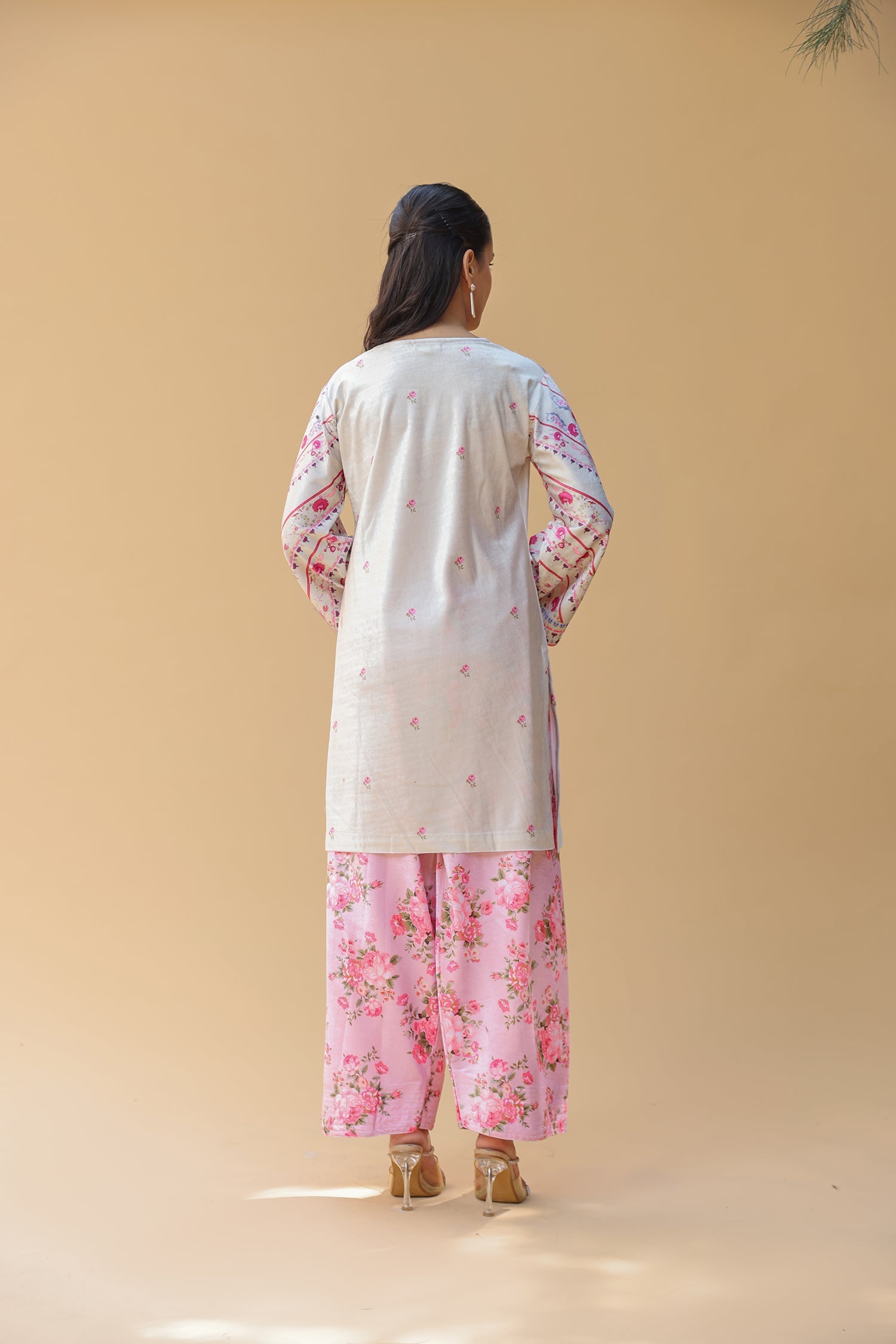 Velvet Printkari Coord Set with Farsi Bottoms – Ivory & Pink Floral