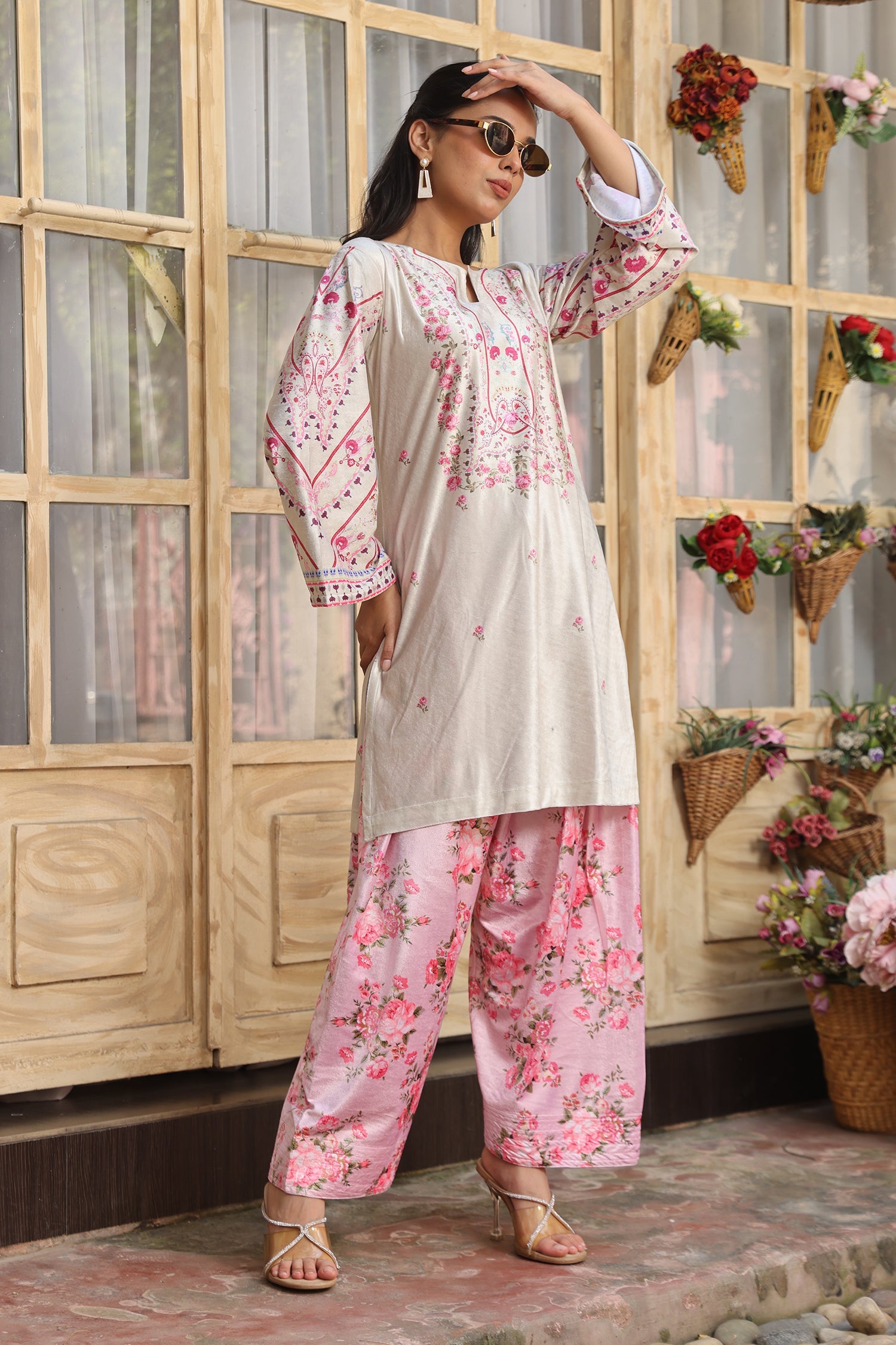 Velvet Printkari Coord Set with Farsi Bottoms – Ivory & Pink Floral