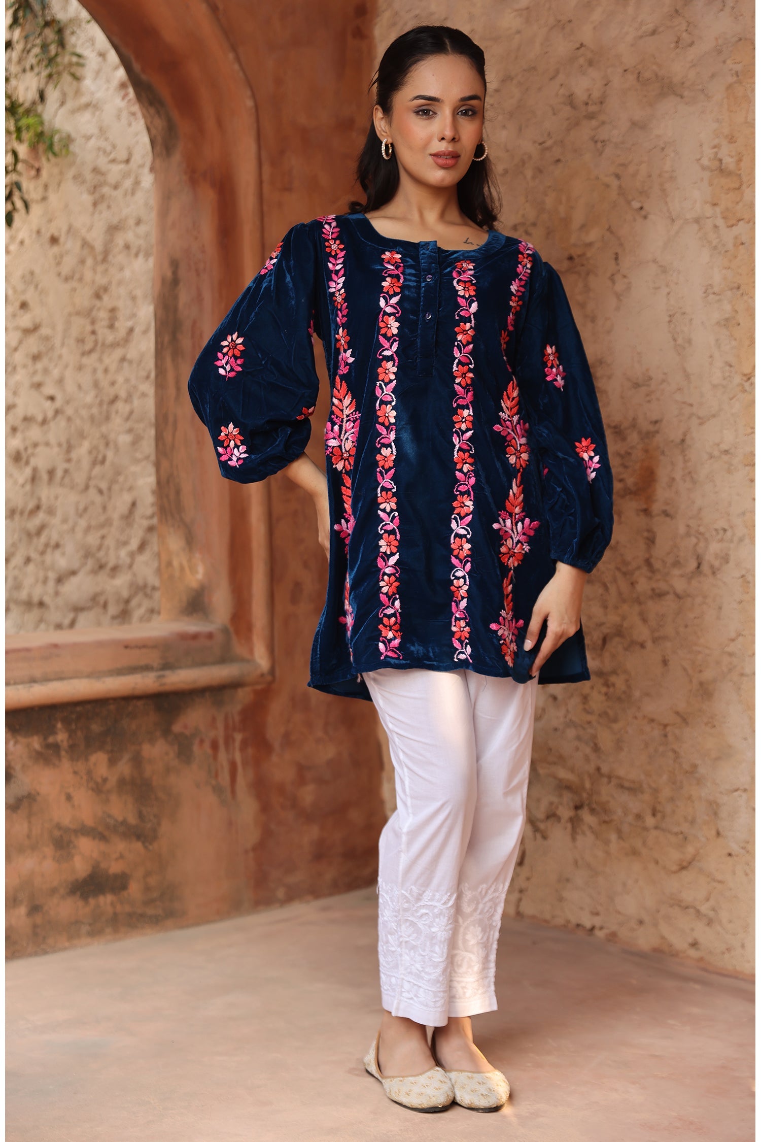 Velvet Chikankari Short Kurti – Blue