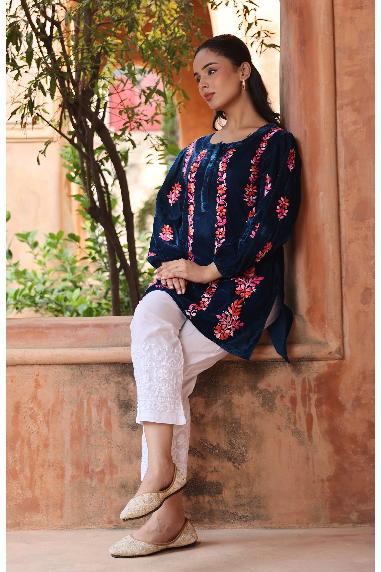 Velvet Chikankari Short Kurti – Blue