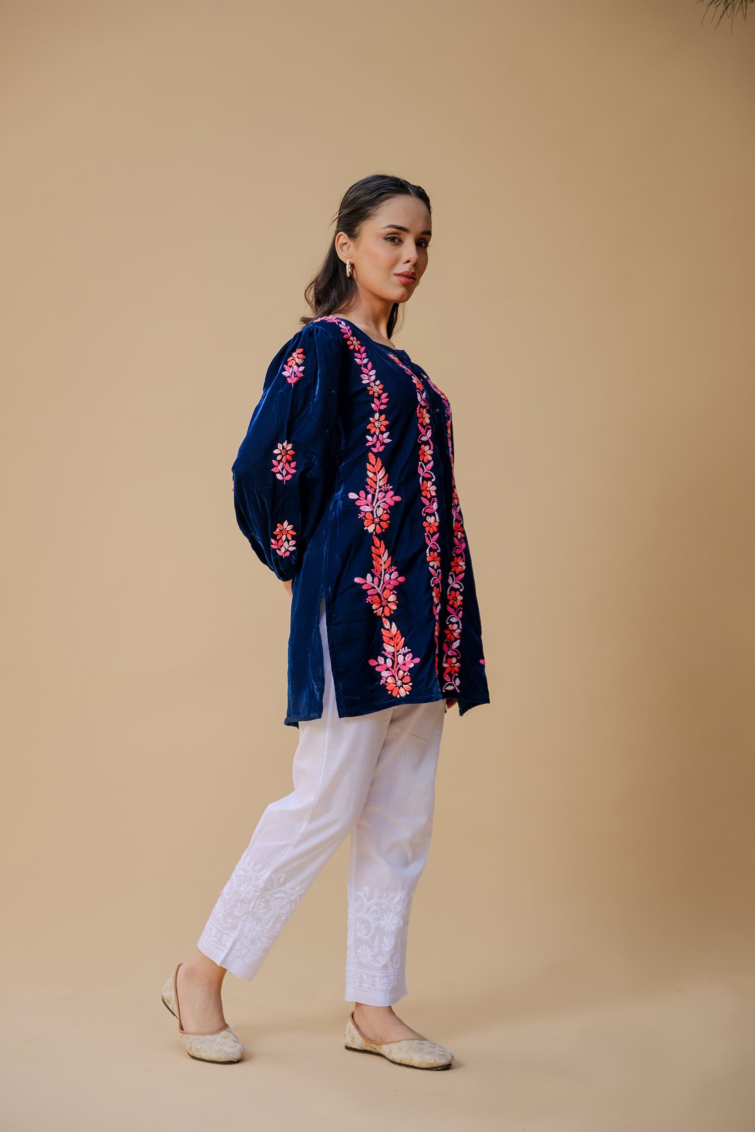 Velvet Chikankari Short Kurti – Blue