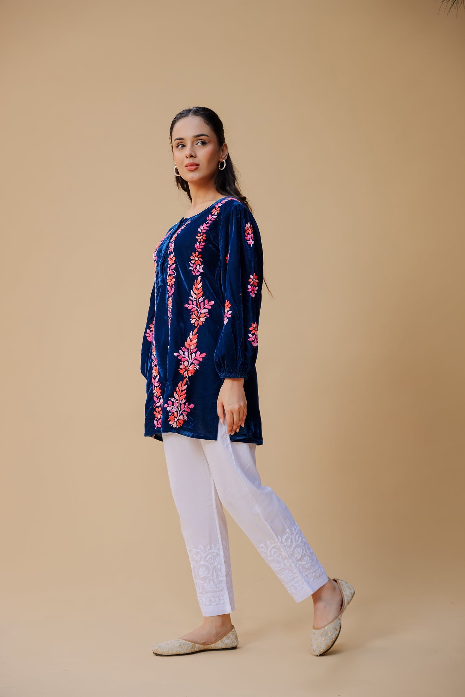 Velvet Chikankari Short Kurti – Blue