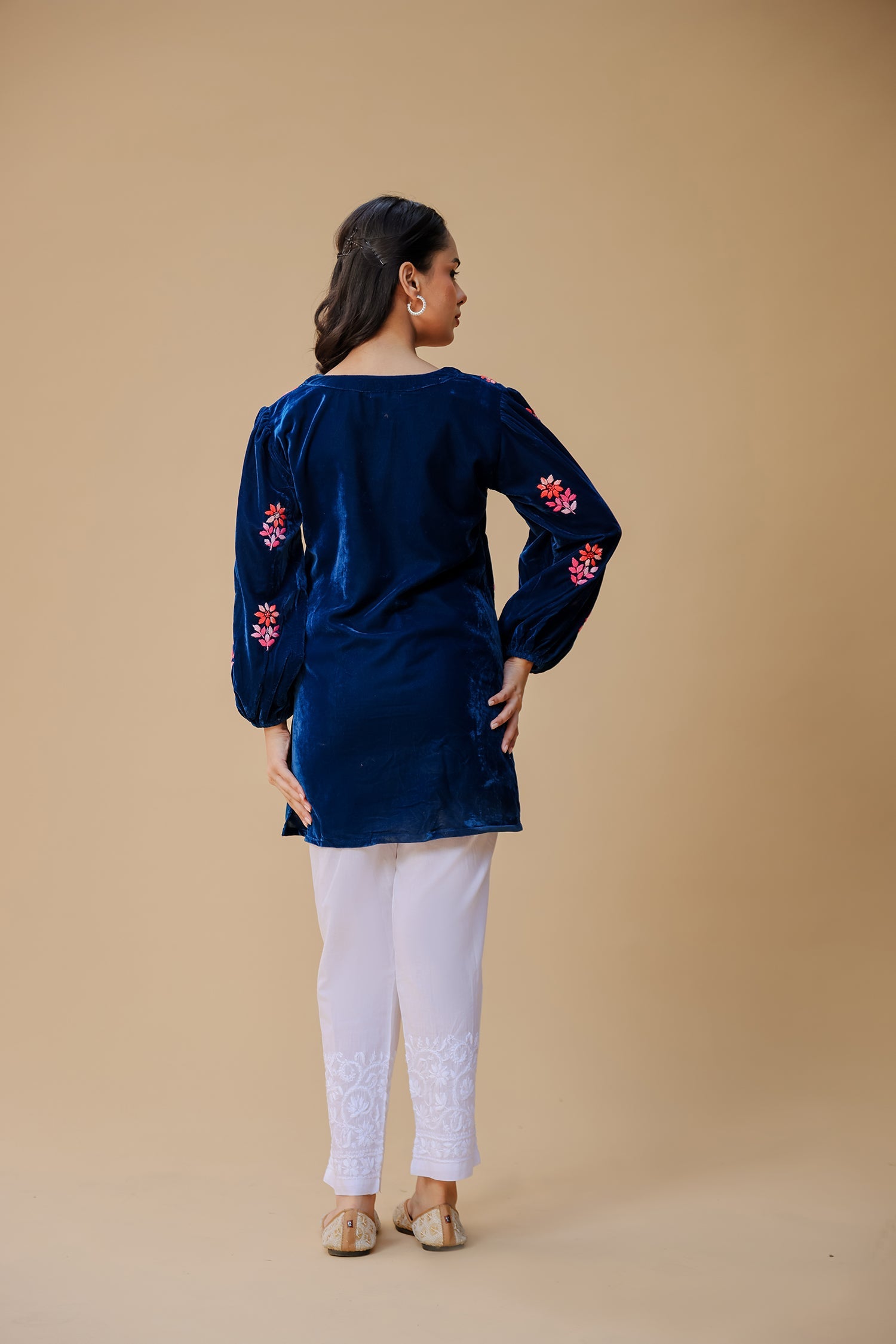 Velvet Chikankari Short Kurti – Blue
