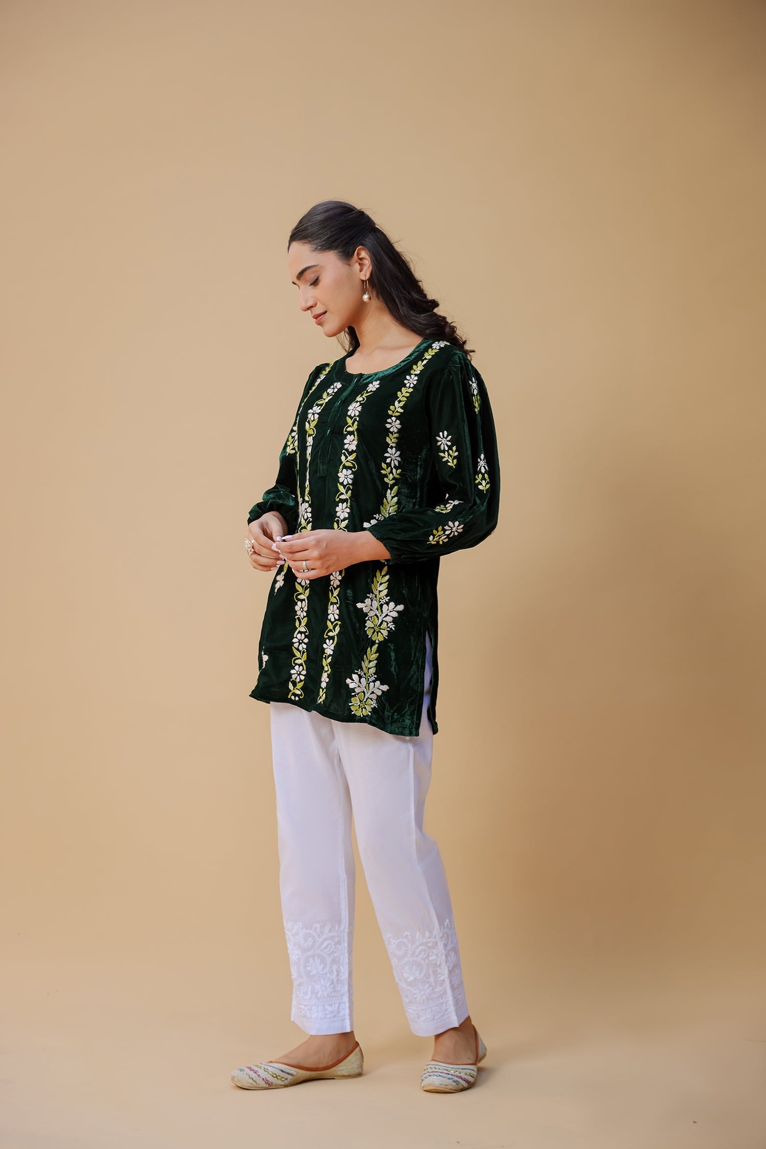 Velvet Chikankari Short Kurti – Green