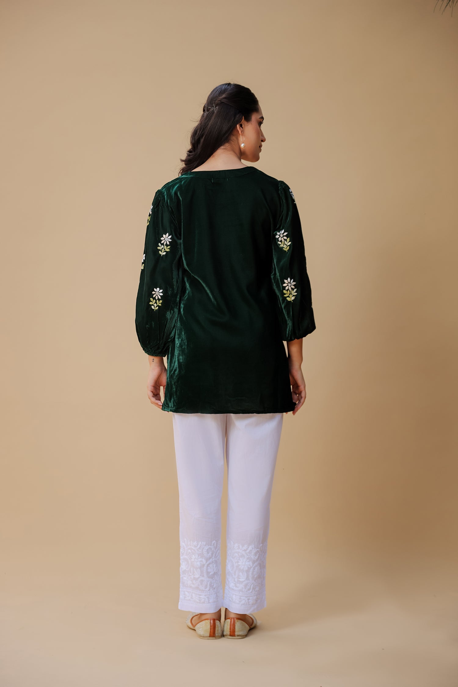 Velvet Chikankari Short Kurti – Green