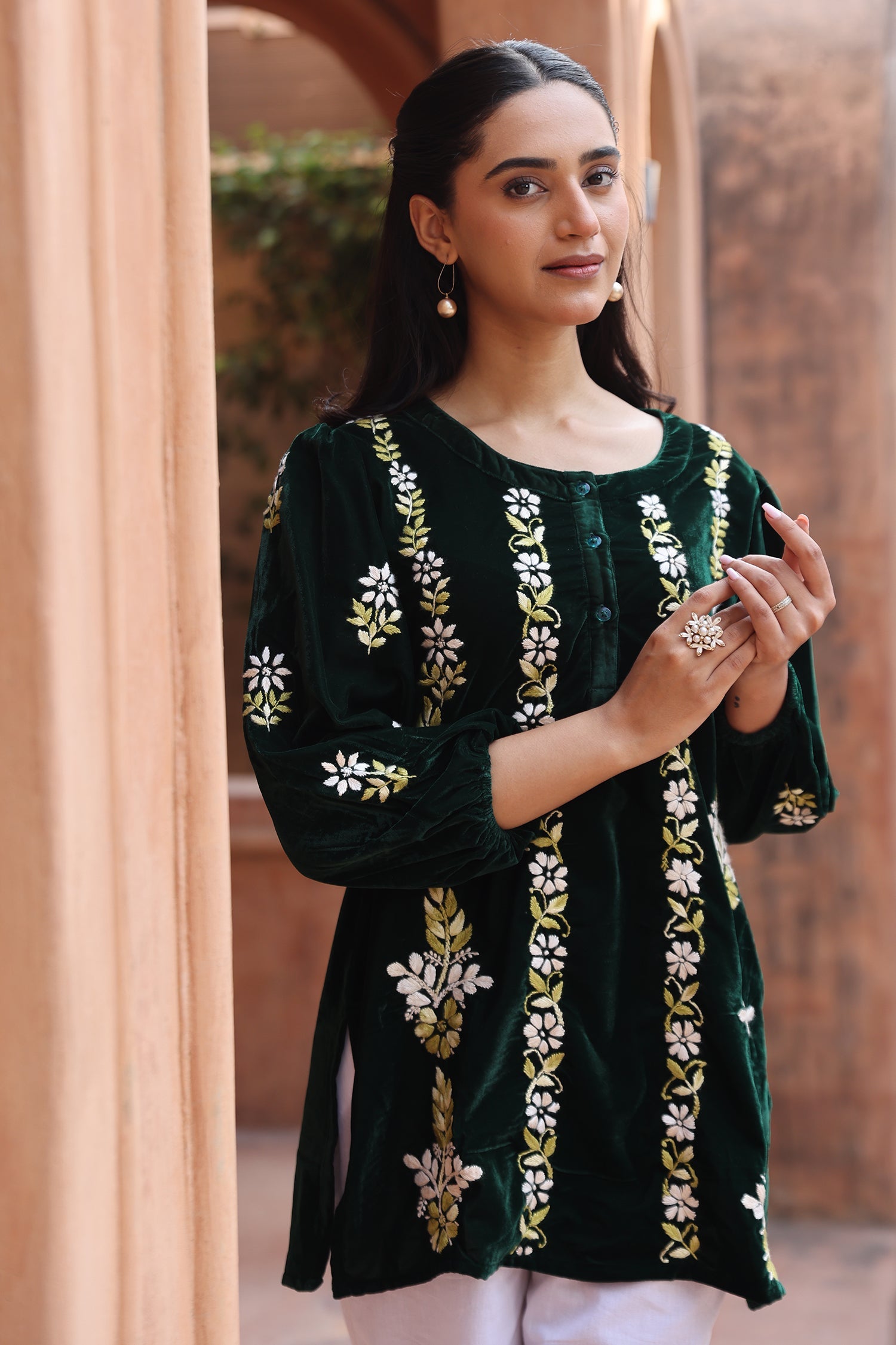 Velvet Chikankari Short Kurti – Green