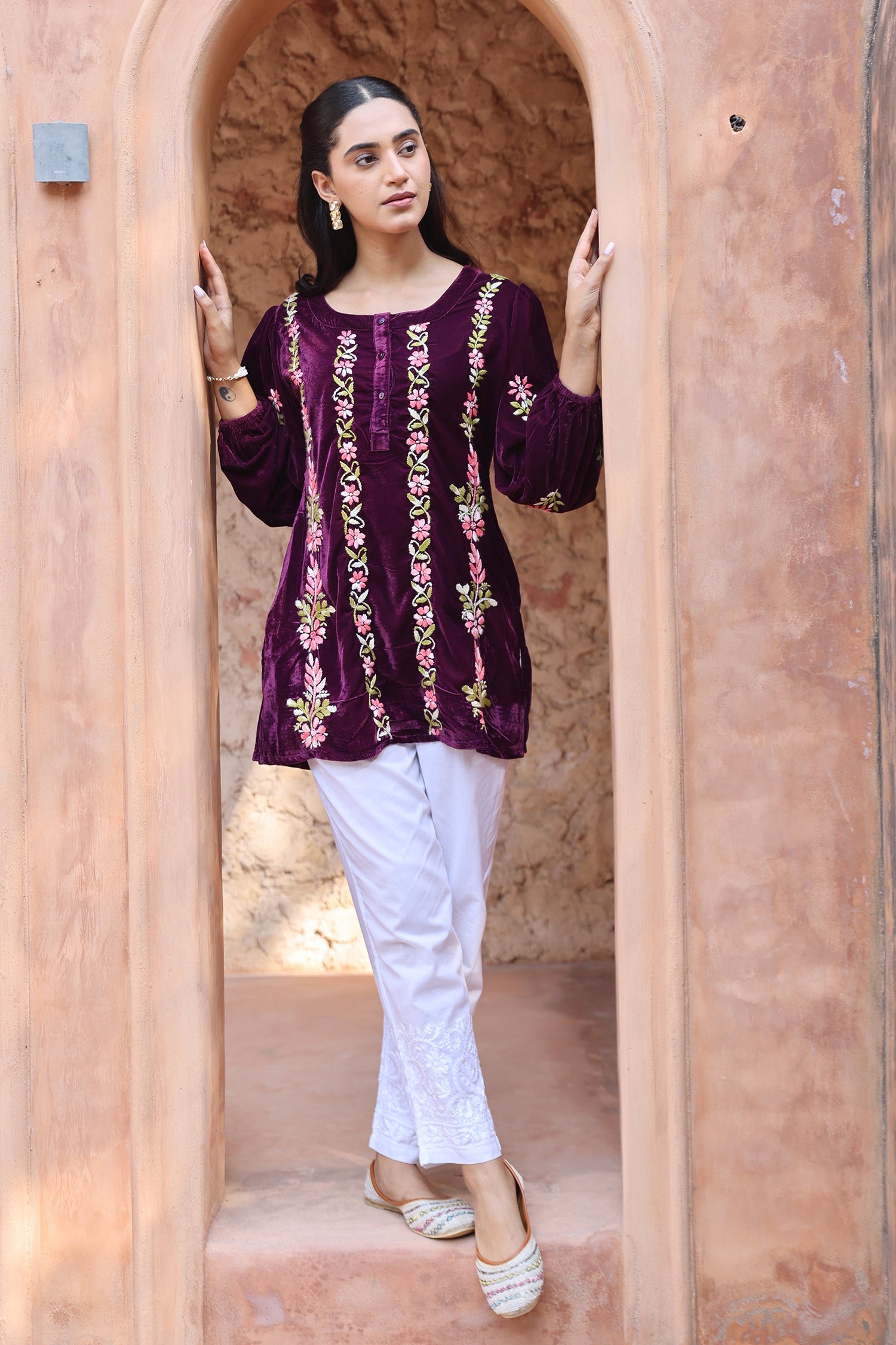 Velvet Chikankari Short Kurti – Wine