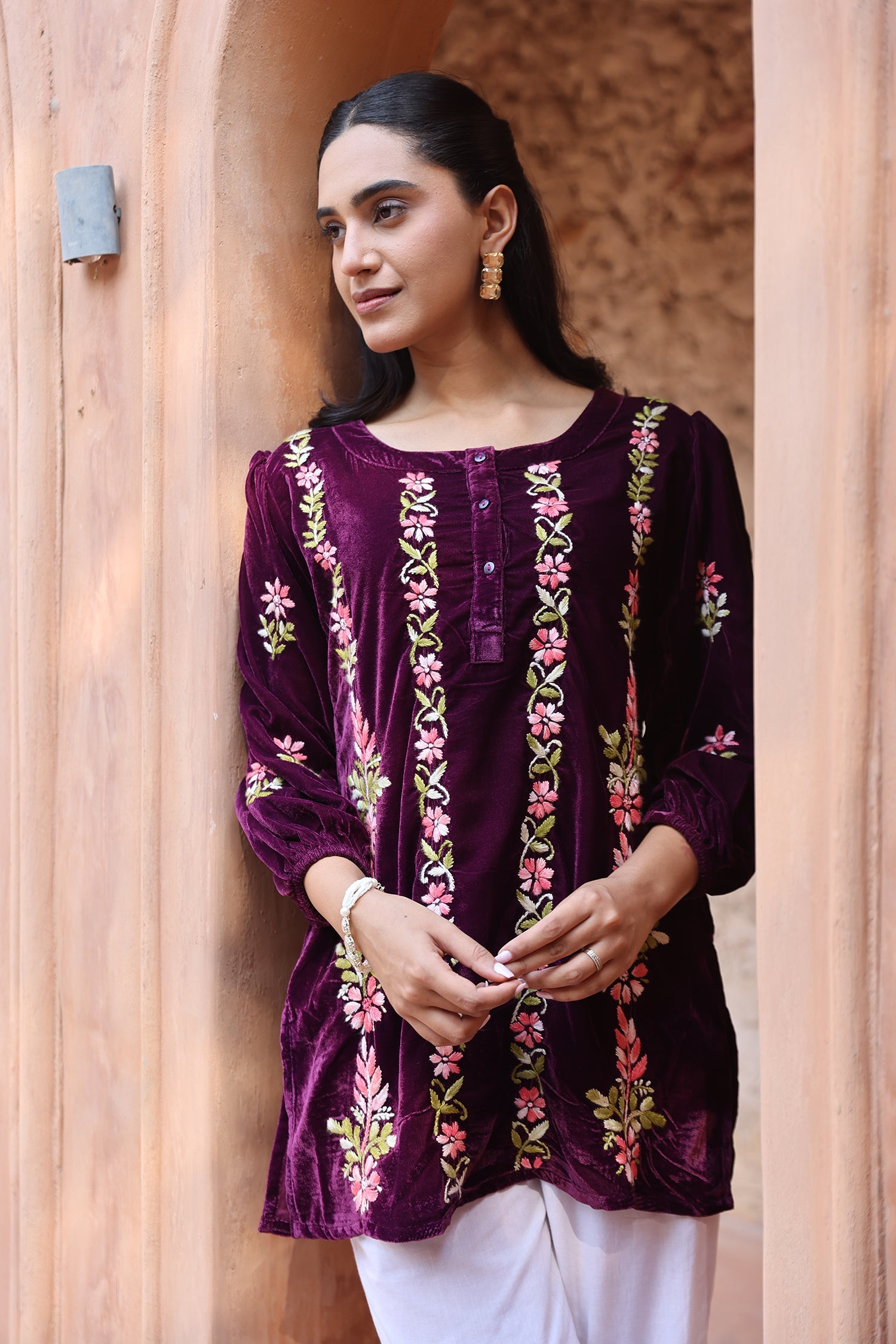 Velvet Chikankari Short Kurti – Wine
