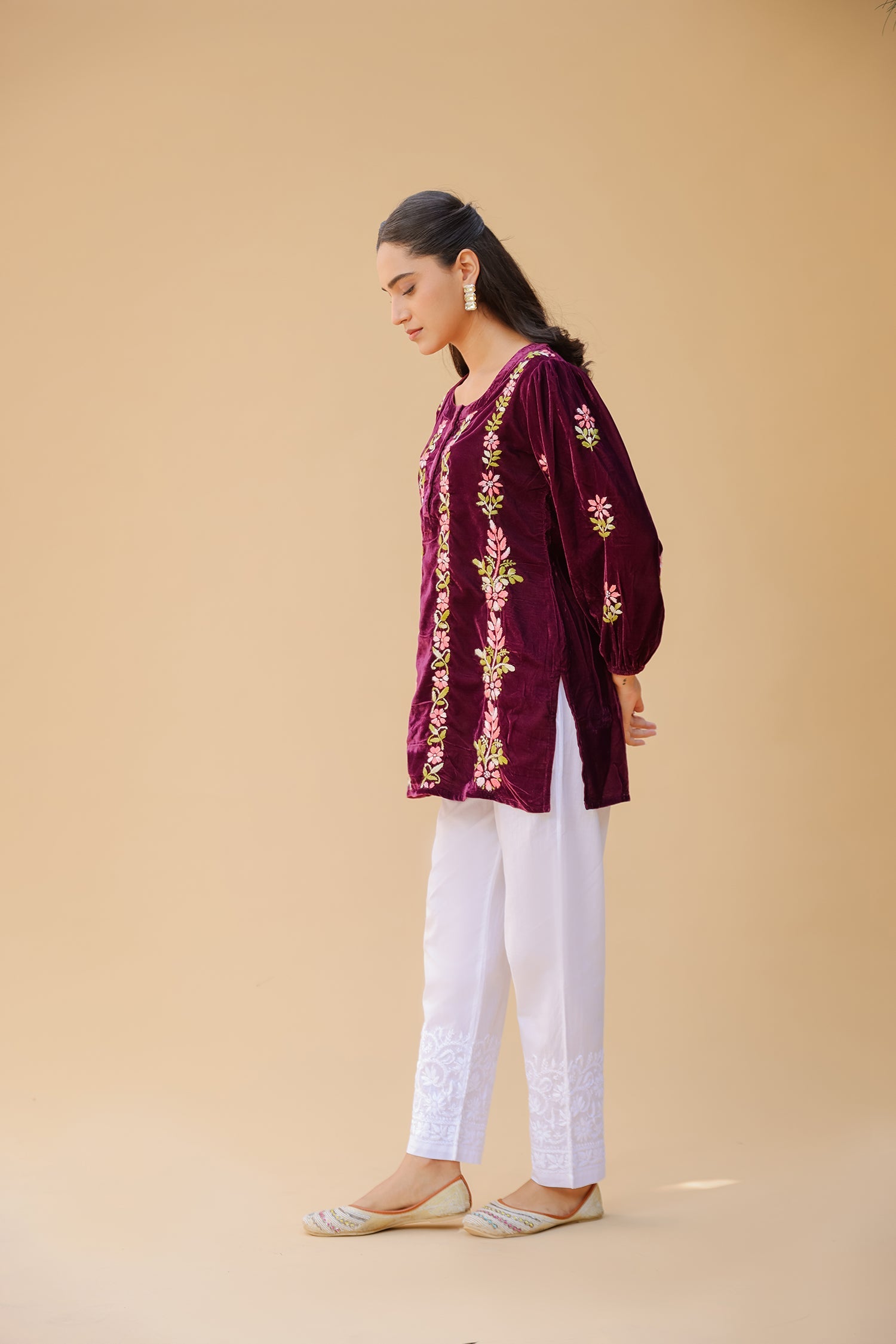 Velvet Chikankari Short Kurti – Wine