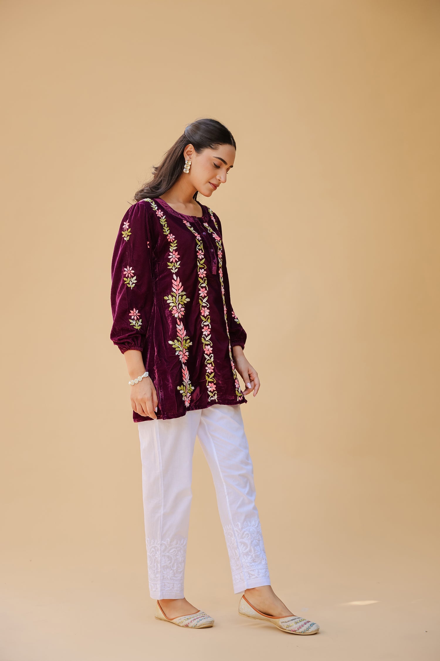 Velvet Chikankari Short Kurti – Wine