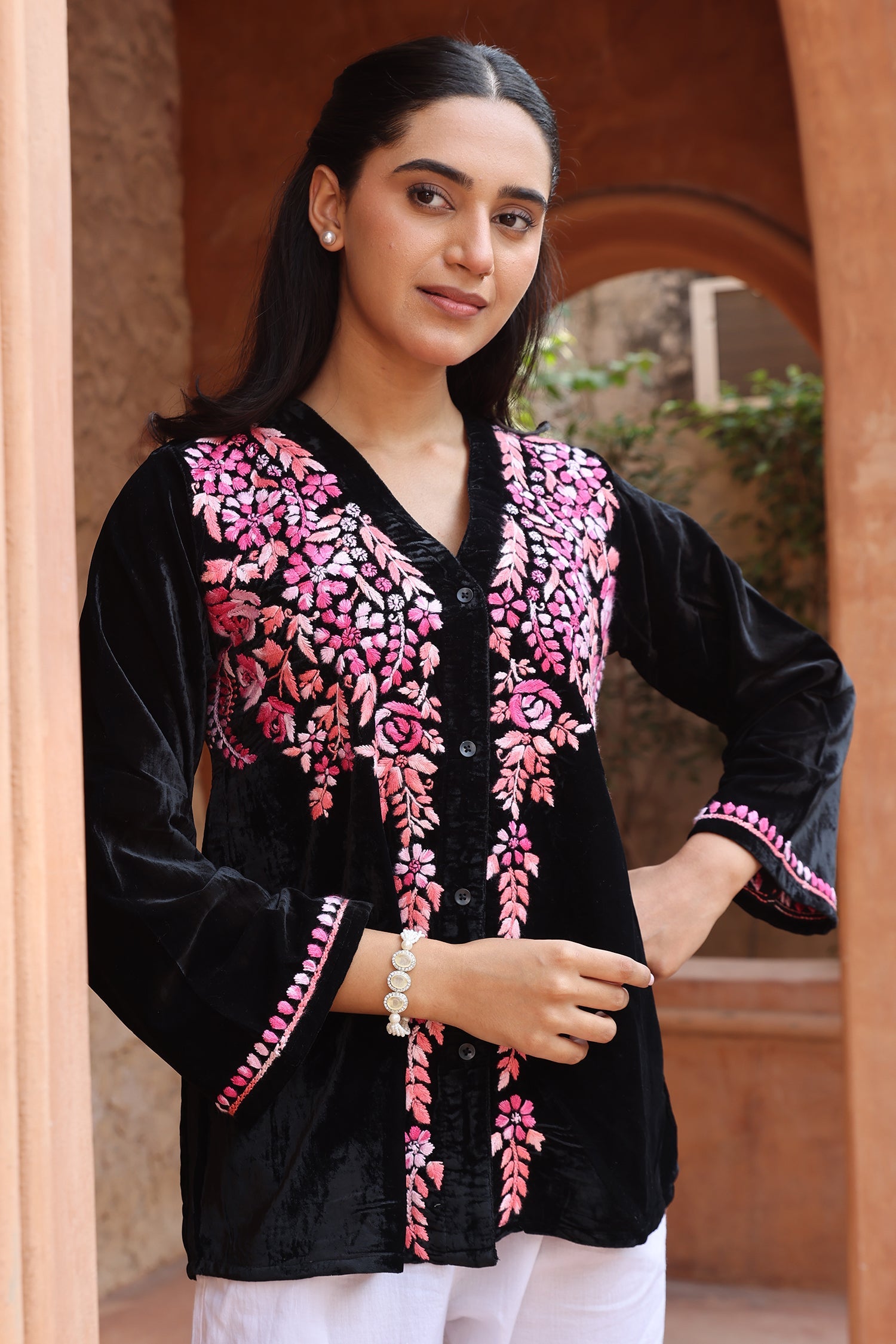 Velvet Chikankari Short Kurti – Black