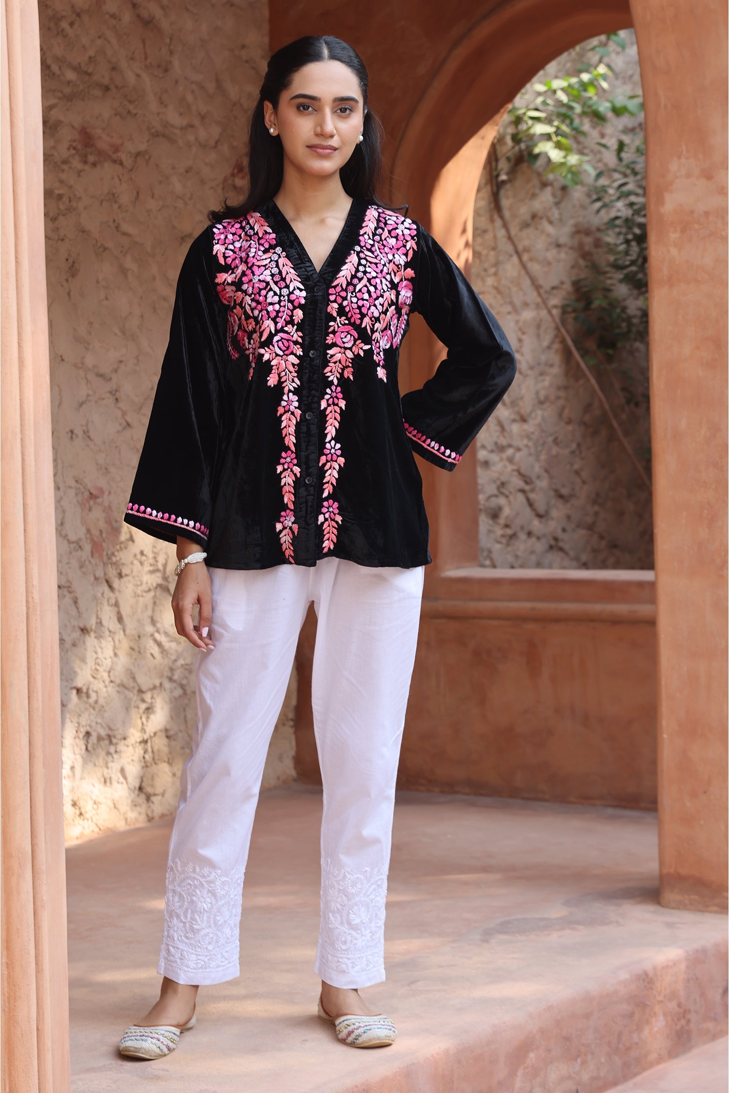 Velvet Chikankari Short Kurti – Black